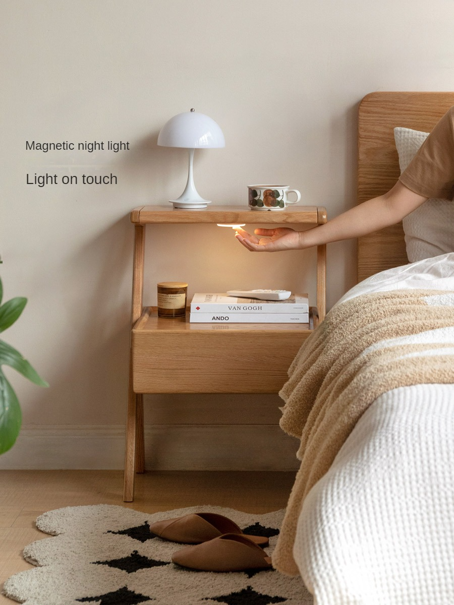 Solid Oak Wood Nightstand with Built-in LED Light - Modern Bedside Table for Bedroom, Living Room & Office