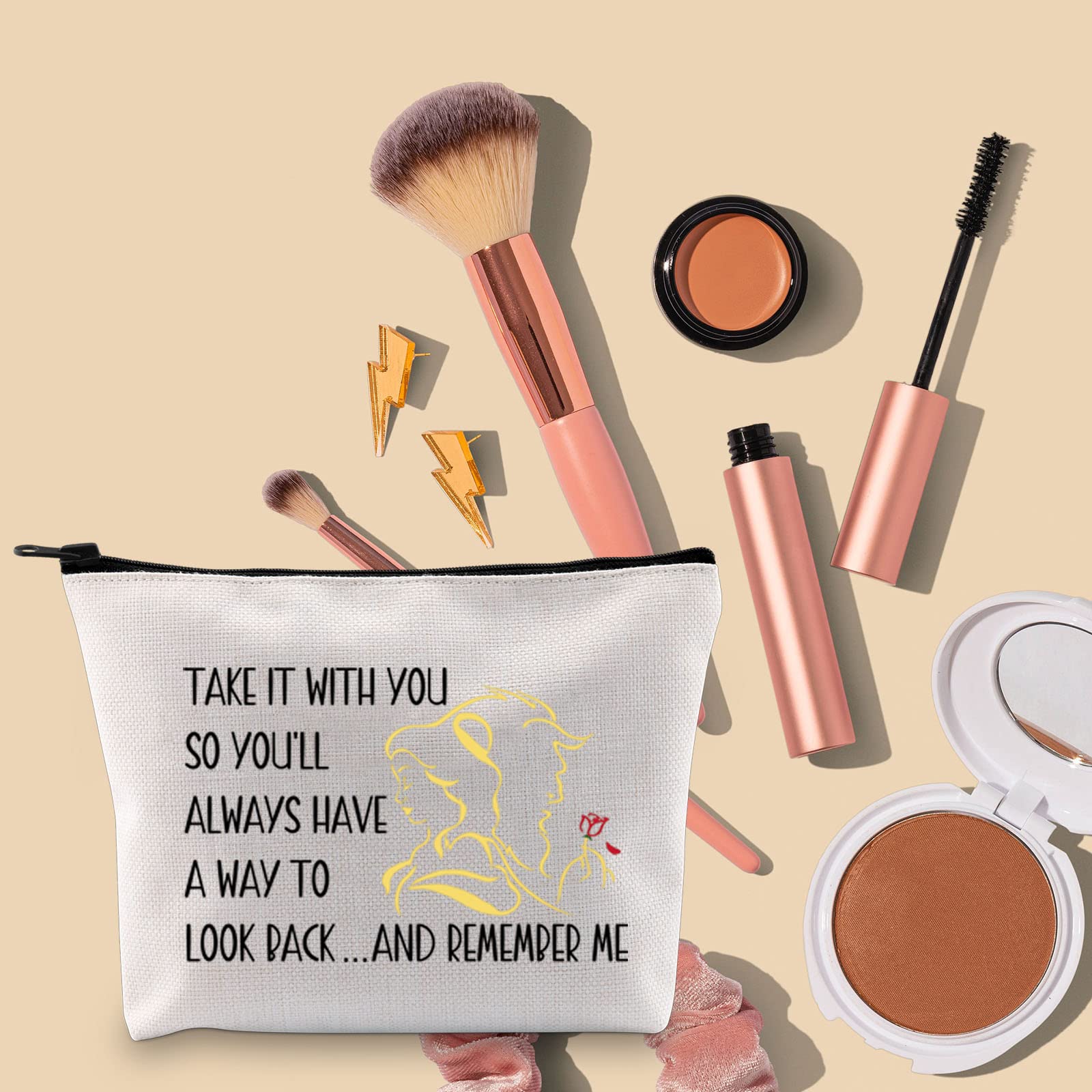 TOBGBE Beauty and the Beast Makeup Bag with Inspirational Quotes - Disney Themed Cosmetic Pouch for Travel, School & Gift Giving (Remember Me)