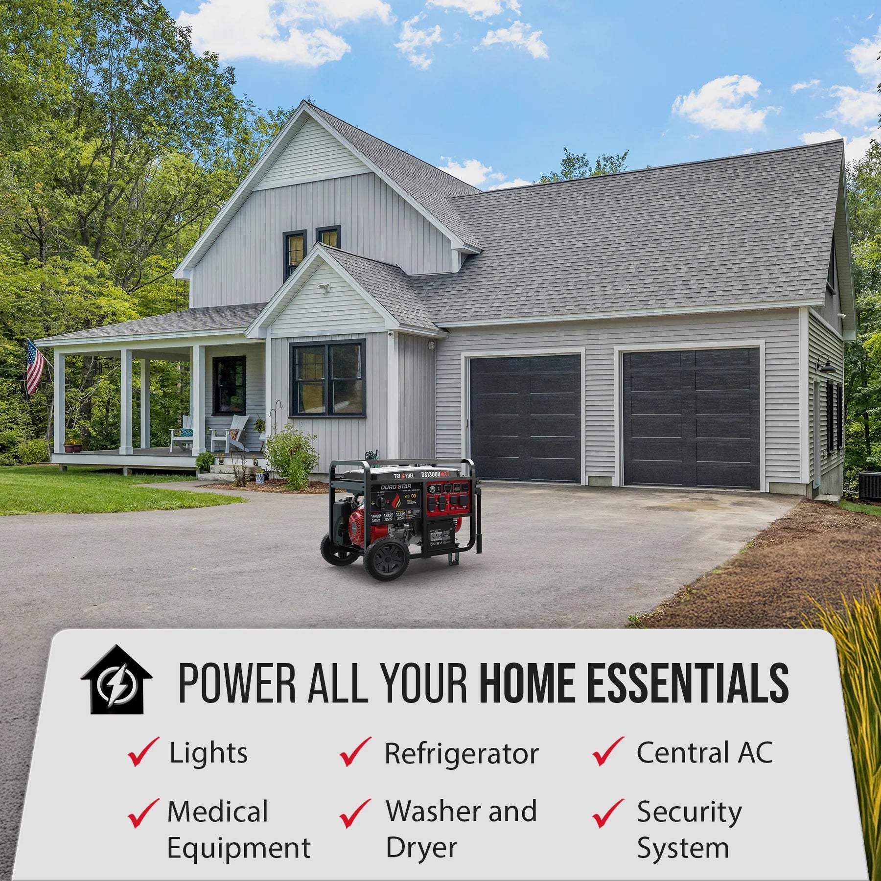 DuroStar DS13000MXT 10500W/13000W Portable Generator - Tri Fuel (Gas/Propane/Natural Gas) with 50 Amp Output, CO Alert & Remote Start - Ideal for Home Backup Power, Camping & Emergency Use