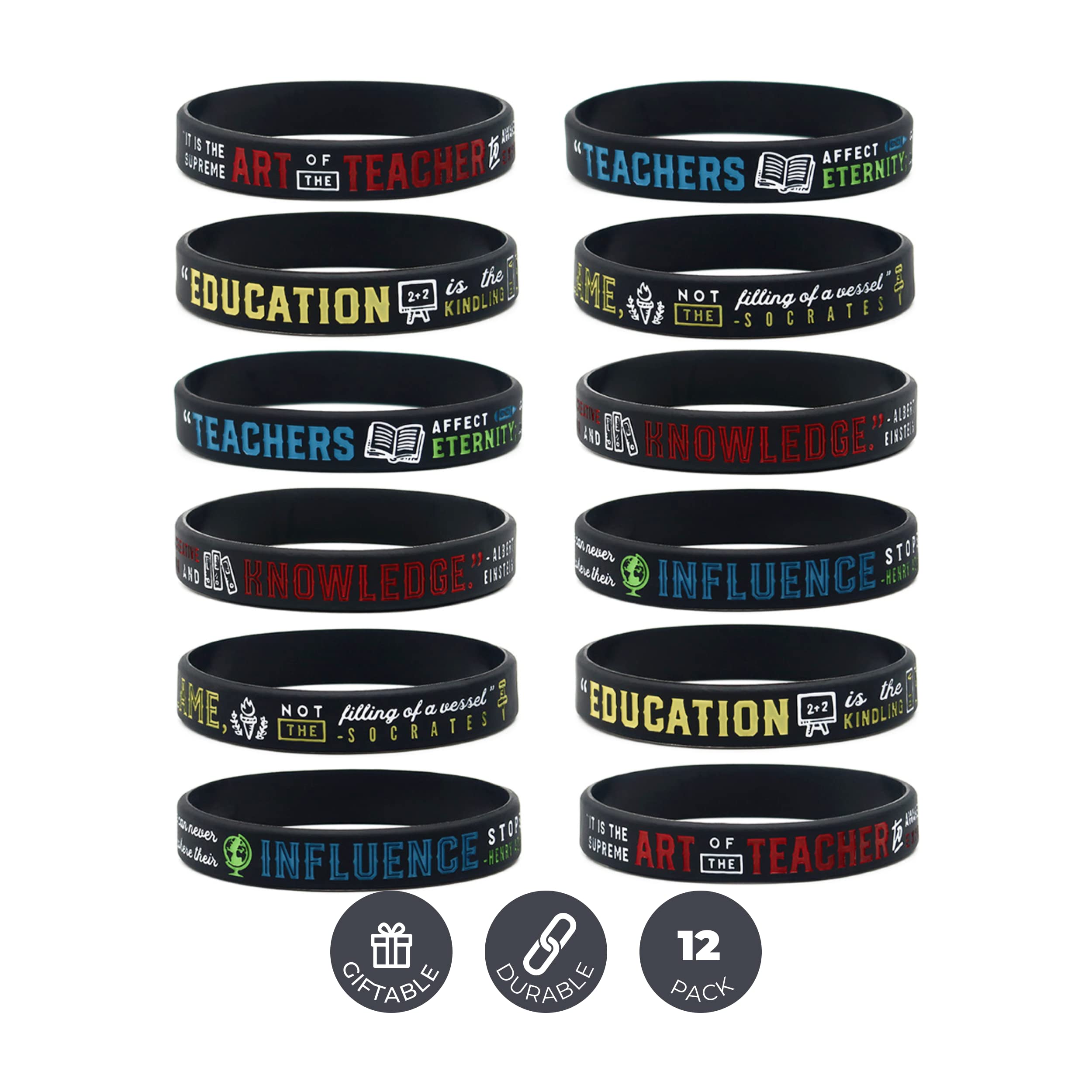 12-Pack Inspirational Teacher Appreciation Bracelets - Motivational Silicone Rubber Wristbands with Encouraging Quotes - Bulk Wholesale Gifts for Educators - Unisex Sizing for Men & Women - Perfect for Teacher Appreciation Week, Classroom Rewards & Staff Recognition Events