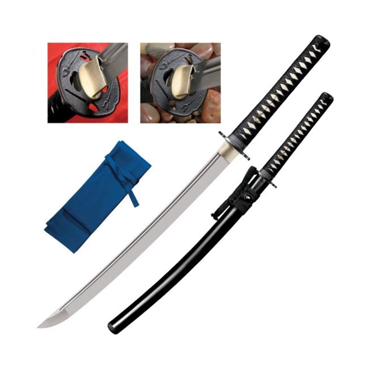 Cold Steel Warrior Series Katana Samurai Sword - Authentic Japanese Wakizashi with Ray Skin Handle, Black Lacquered Wood Scabbard & Brass Menuki - Perfect for Martial Arts Training, Cosplay & Collectors Display