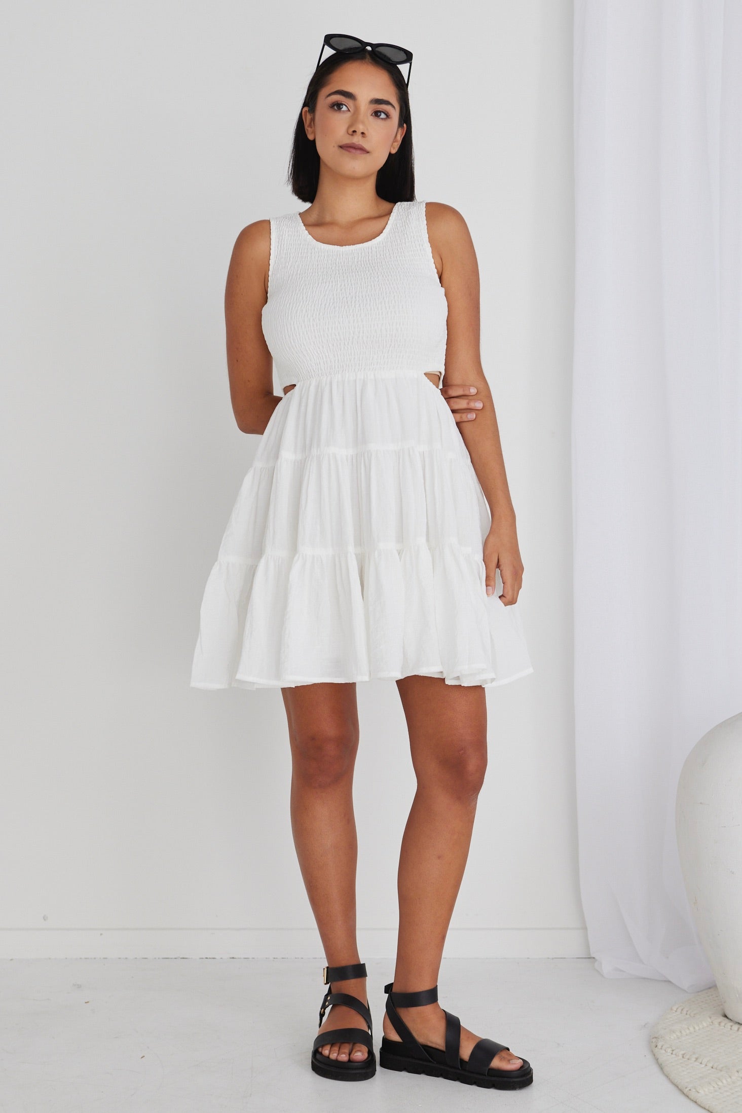 Harley White Sleeveless Waist Cut Out Tiered Mini Dress for Women | Sexy Summer Party Club Dress | Perfect for Night Out, Date Night & Beach Vacations