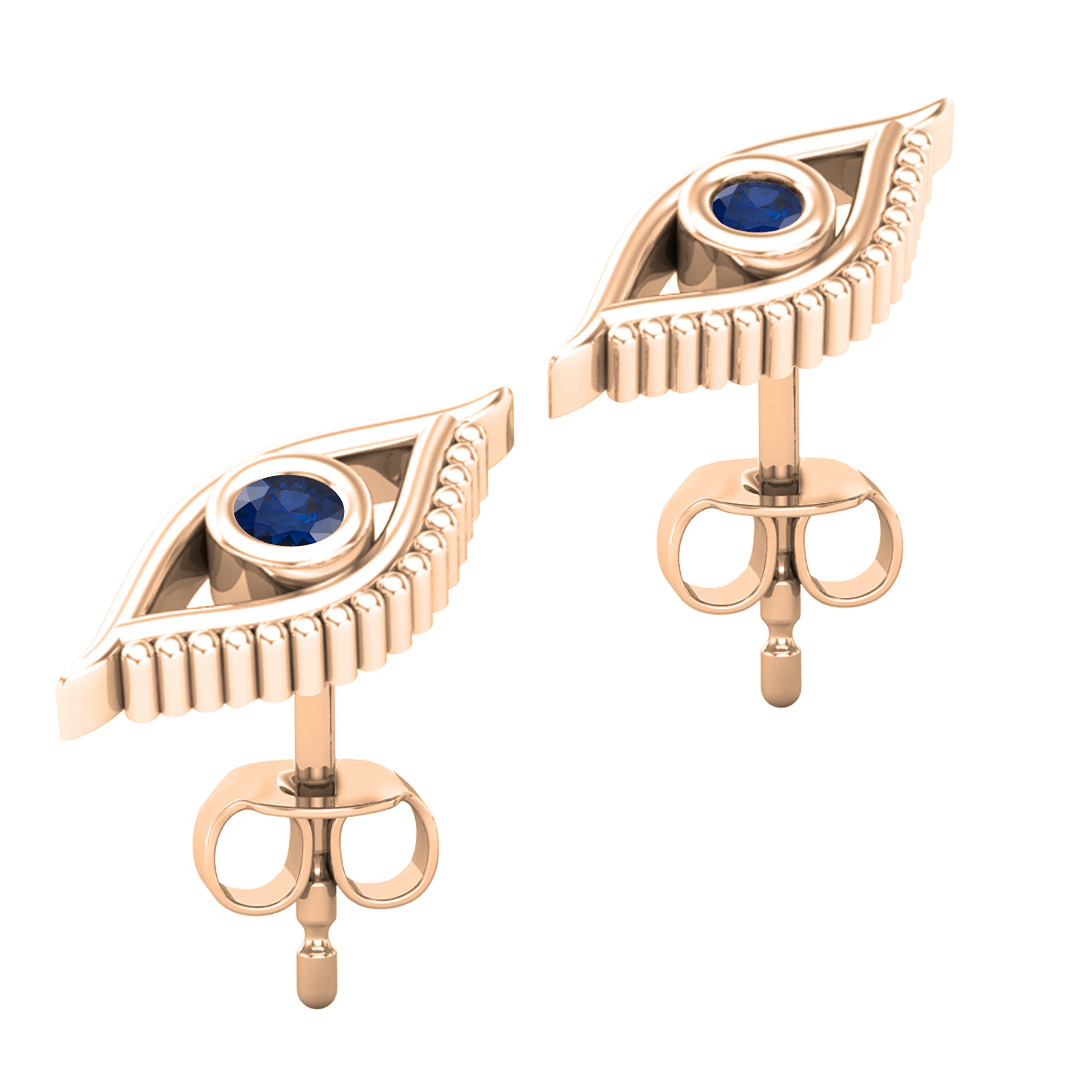 14K Solid Gold Round Blue Sapphire Evil Eye Stud Earrings for Women - Dazzlingrock Collection | Protection Jewelry for Everyday Wear & Special Occasions