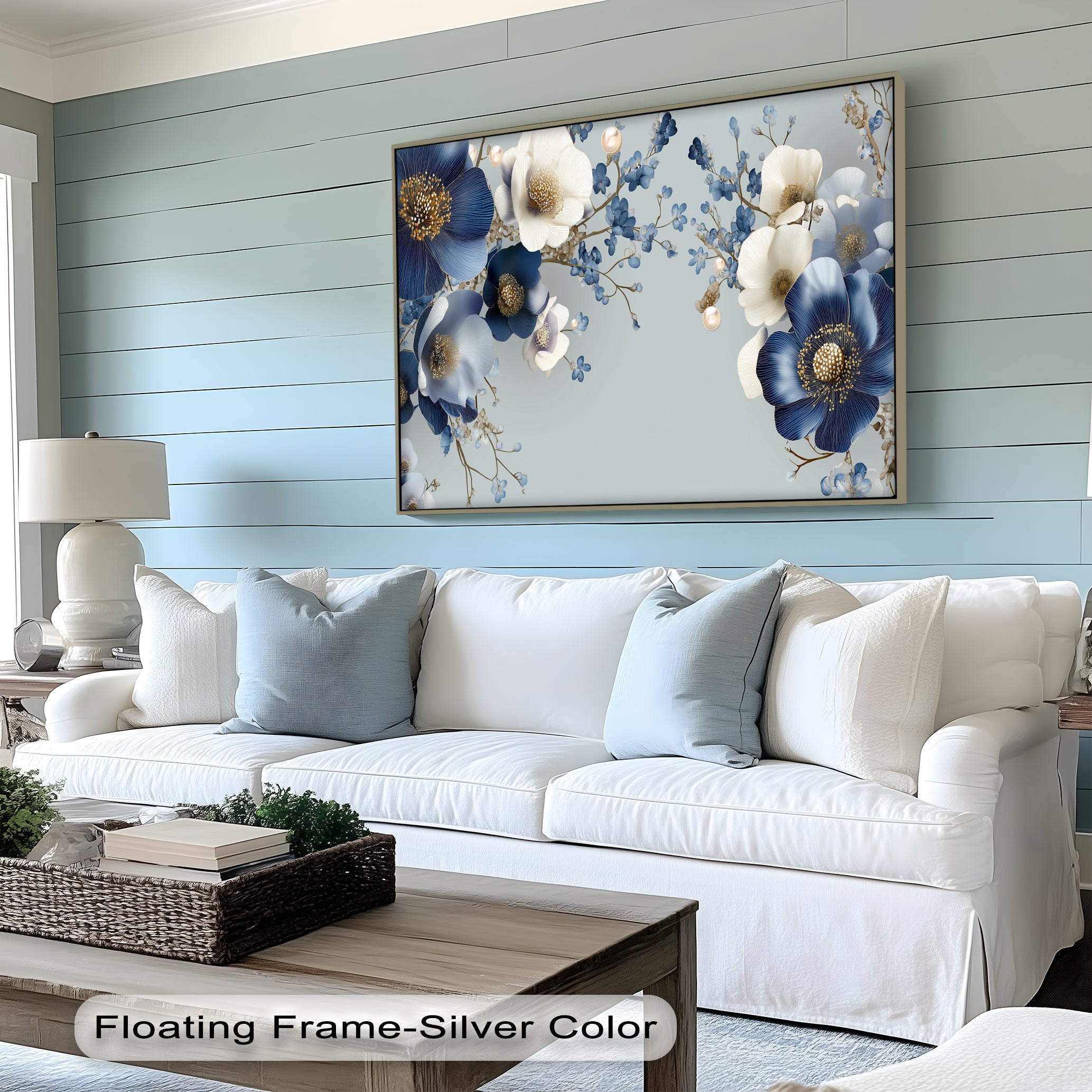 Blue and Ivory Floral Fantasy with Pearls Canvas Wall Art - Elegant Home Decor for Living Room, Bedroom & Office