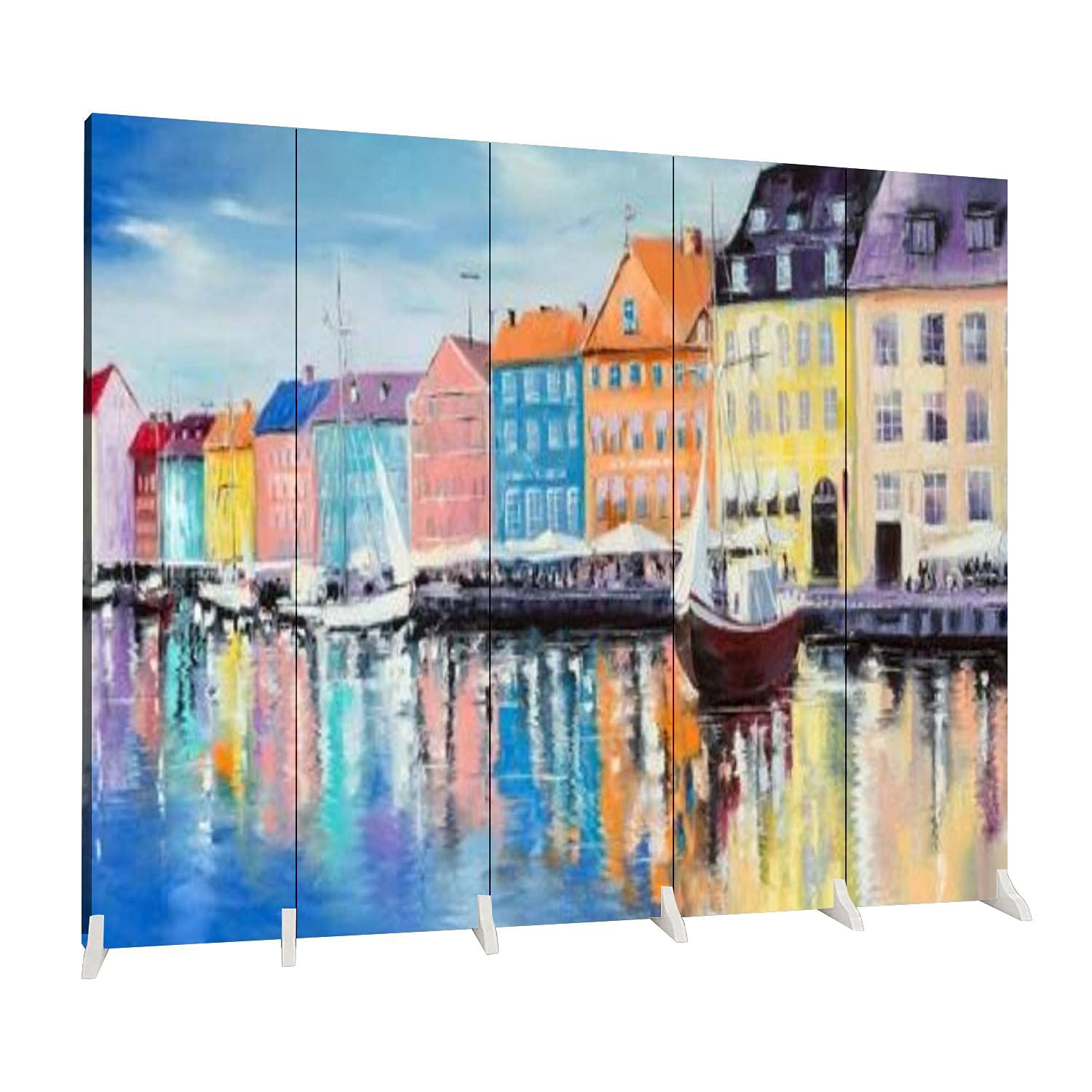 5-Panel Folding Room Divider with Copenhagen Scenery - Colorful Buildings, Cafes & Boats Canvas Privacy Screen | Freestanding Indoor Partition for Home, Office & Studio Decor