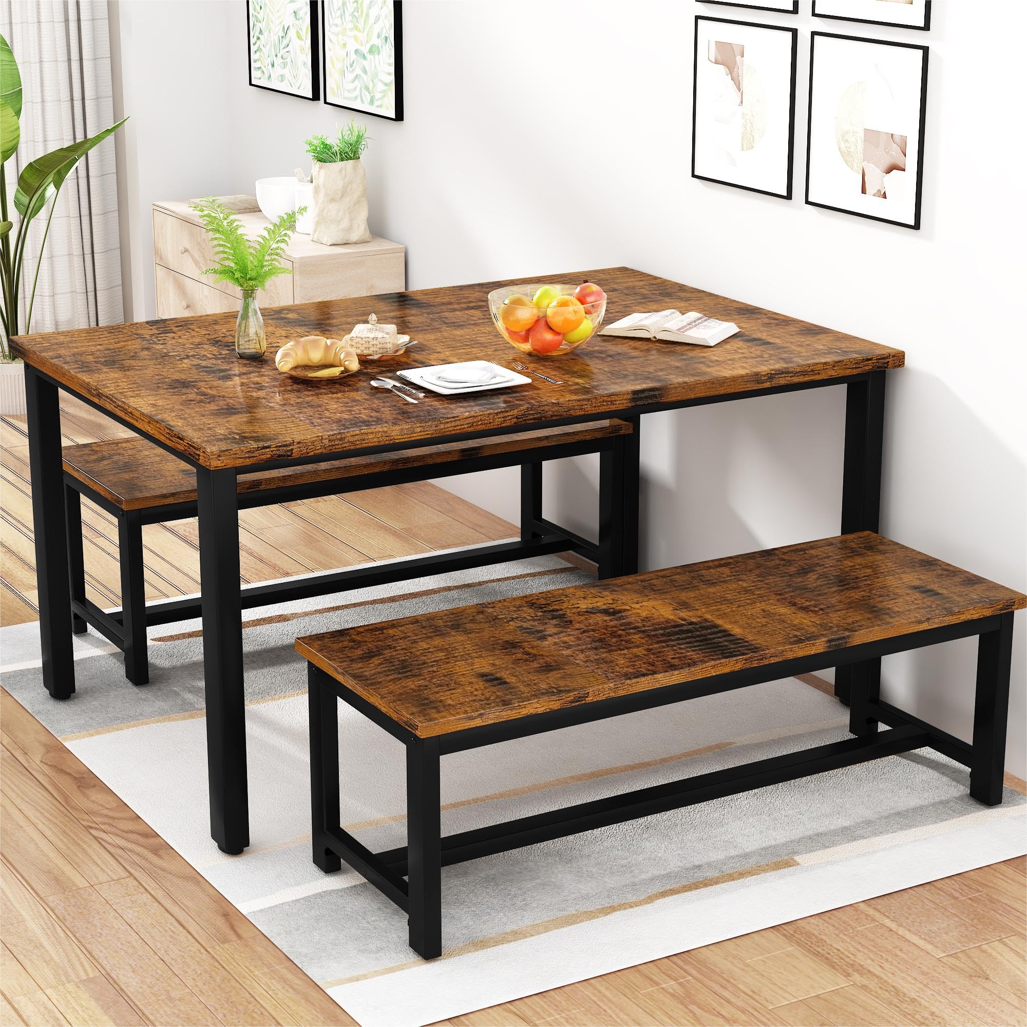 Rustic Brown AWQM Dining Table Set with 2 Benches - 47.2x28.7x28.7 Inch Kitchen Table & 40.5x11x17.7 Inch Benches - Perfect for Small Space Dining Rooms, Breakfast Nooks & Farmhouse Kitchens