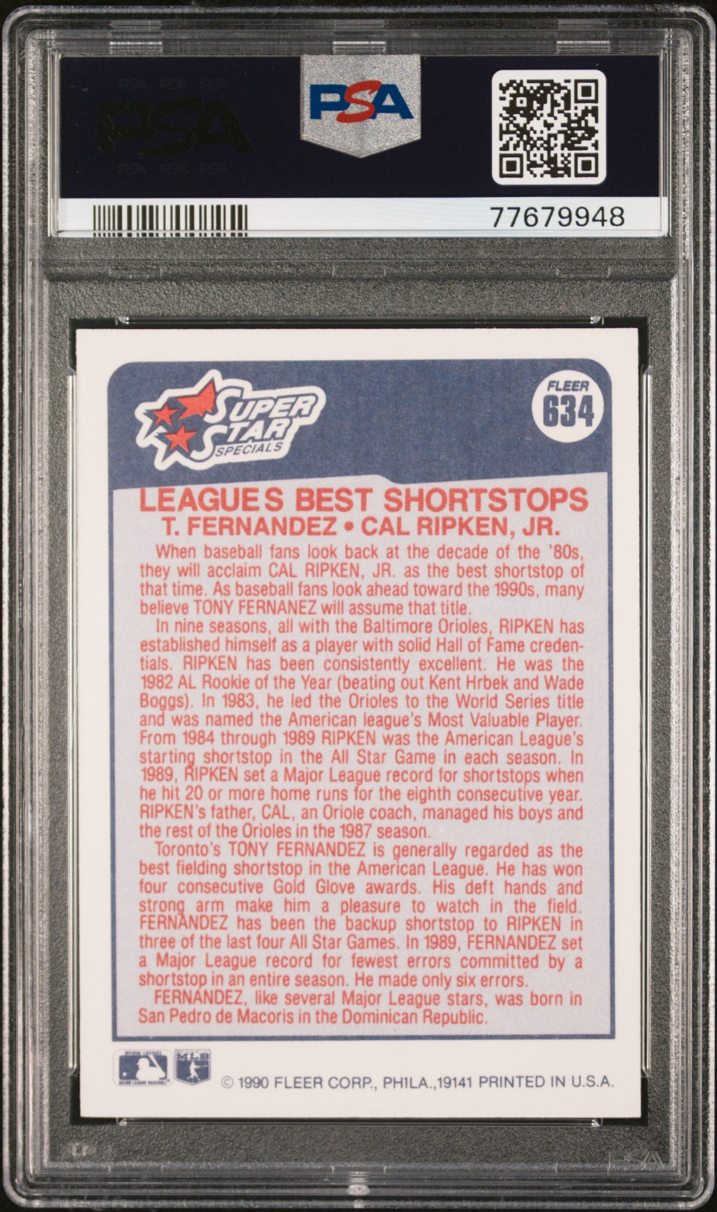 1990 Fleer Tony Fernandez & Cal Ripken Jr. #634 PSA 10 Gem Mint Baseball Card - Perfect for Collectors & Sports Memorabilia Displays