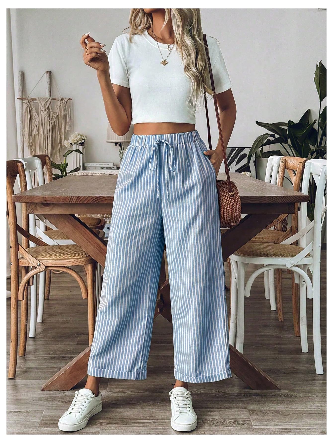 SOLY HUX Women's Striped High Waisted Wide Leg Pants - Tie Front Design with Pockets | Casual & Office Wear for Women | Comfortable Stretch Fabric for Everyday Use