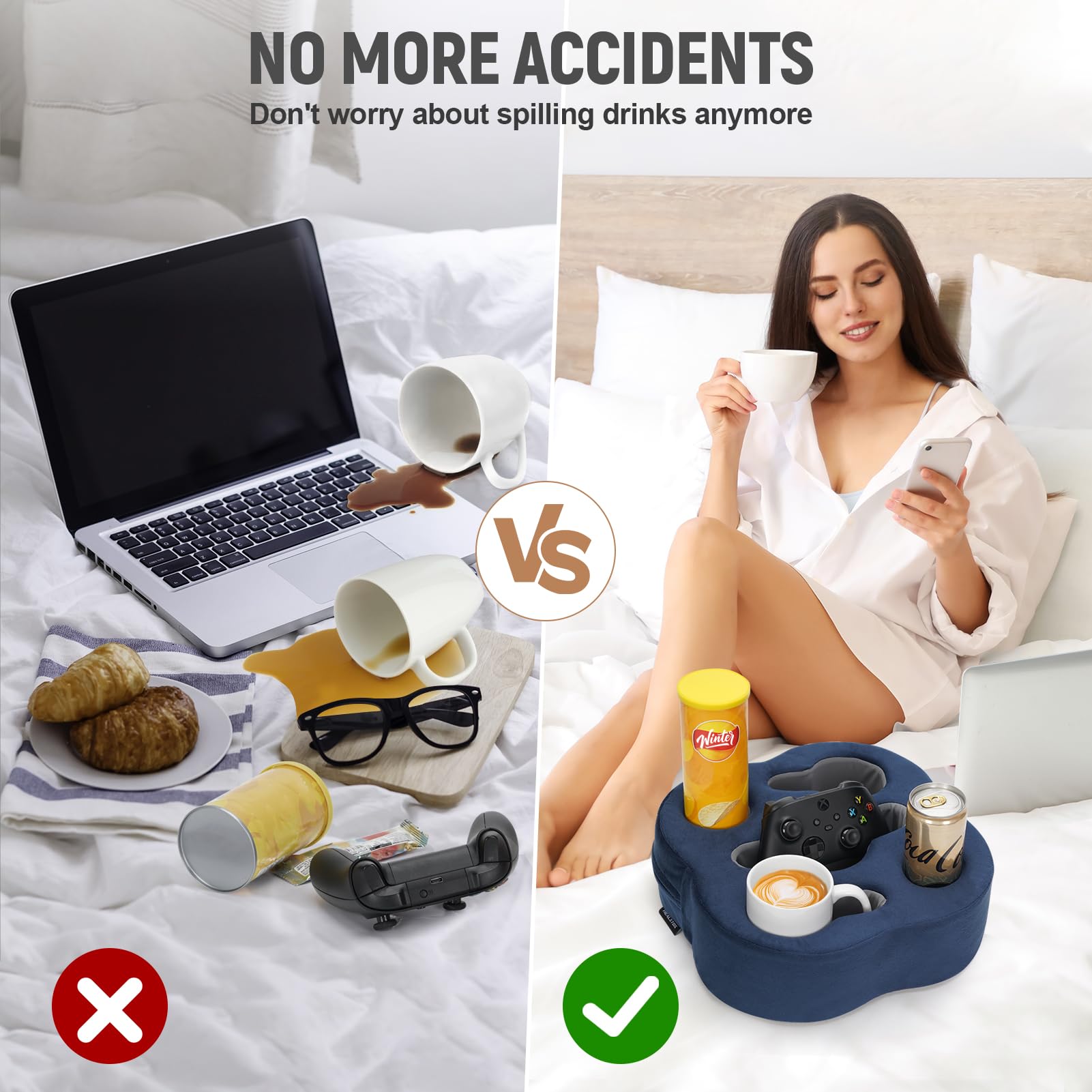 Universal Couch Cup Holder Pillow - Sofa & Bed Organizer Caddy for Drinks, Remote Controls, Phones & Snacks - Navy Blue - Perfect for Movie Nights & Relaxing at Home
