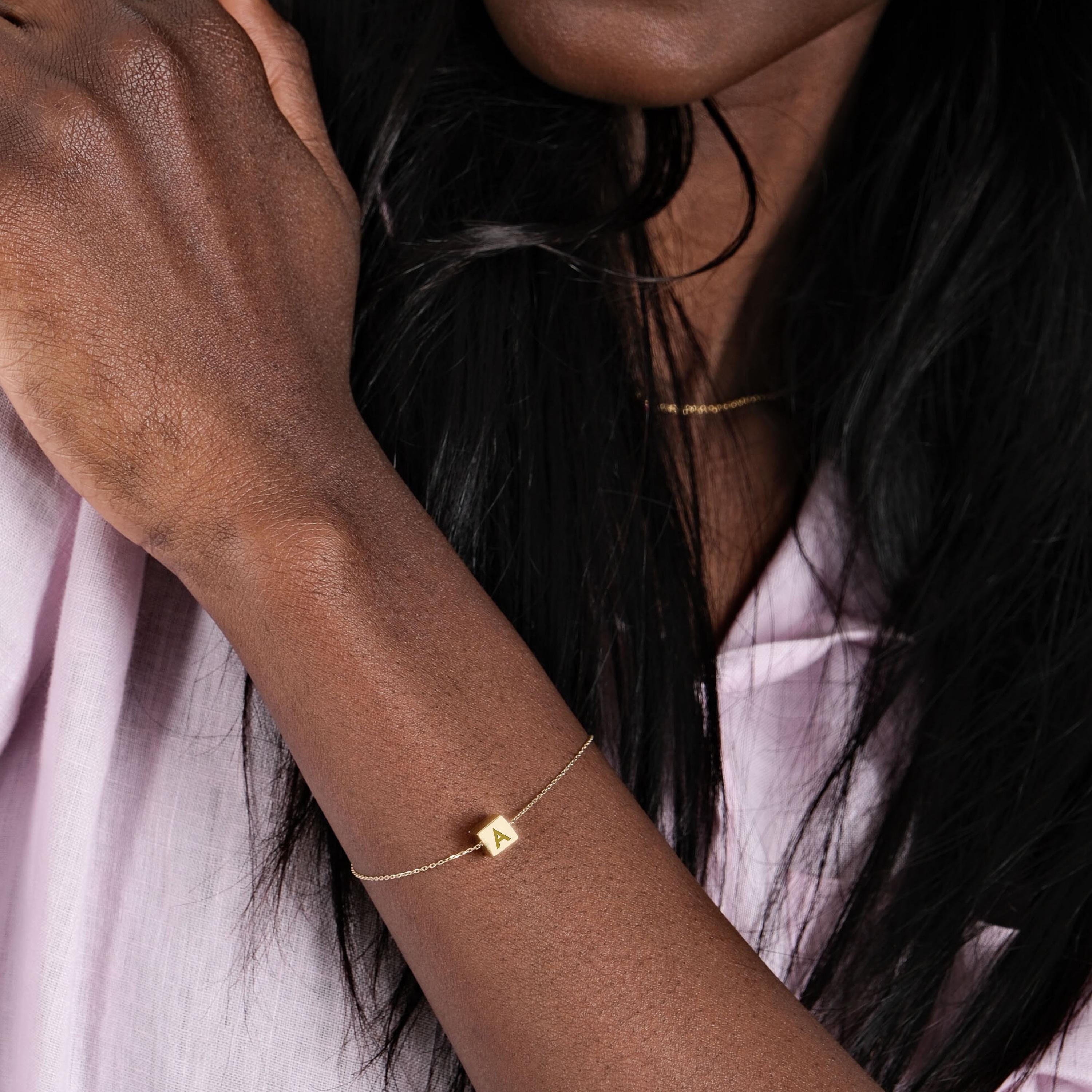 14K Solid Gold Cube Initial Bracelet - Personalized Name Jewelry Gift for Women, Men, Teens | Birthday, Anniversary, Graduation Present | Stackable, Dainty, Minimalist Style