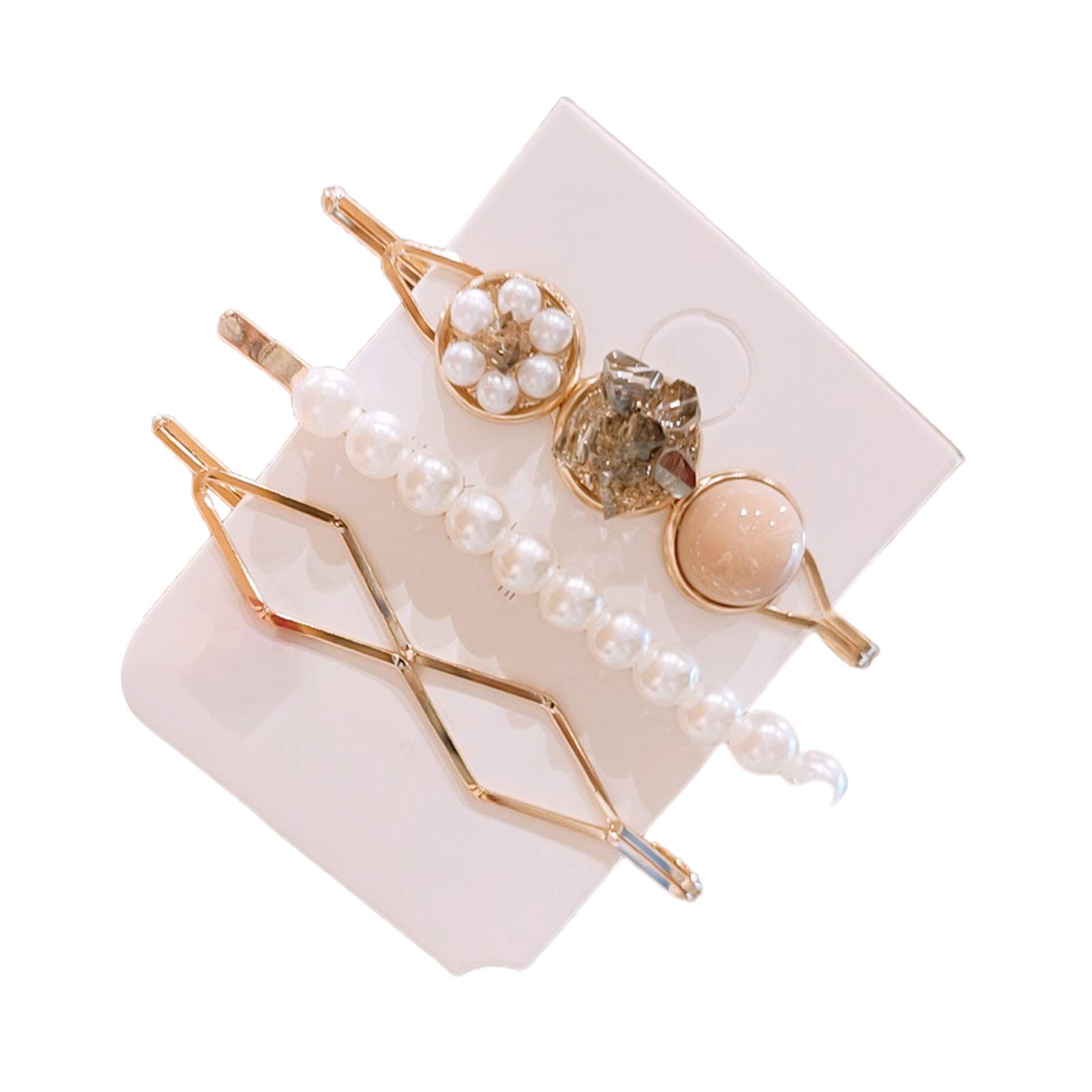 3 PCS Pearl Rhinestone Hair Clips Set - Hollow Geometric Hair Barrettes for Women & Girls | Elegant Hair Accessories for Weddings, Parties & Daily Styling | Light Pink Hairpins