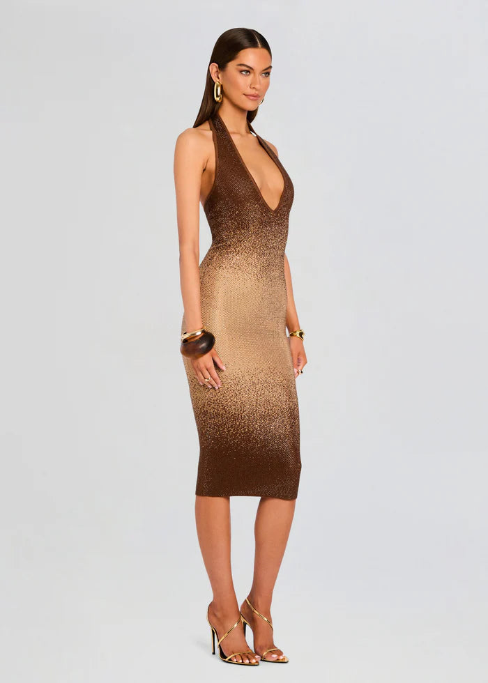 Aviana Embellished Knit Dress in Nude Chestnut - Elegant Women's Party Dress for Weddings, Cocktails & Special Occasions