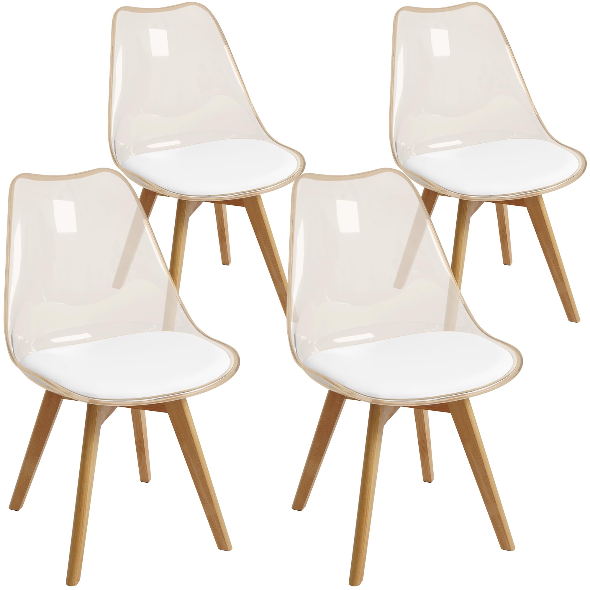 Mid Century Modern Dining Chairs Set of 4 - Soft Padded Kitchen & Dining Room Chairs with Wooden Legs in Amber Transparent - Perfect for Home, Office, Restaurant & Cafe Use