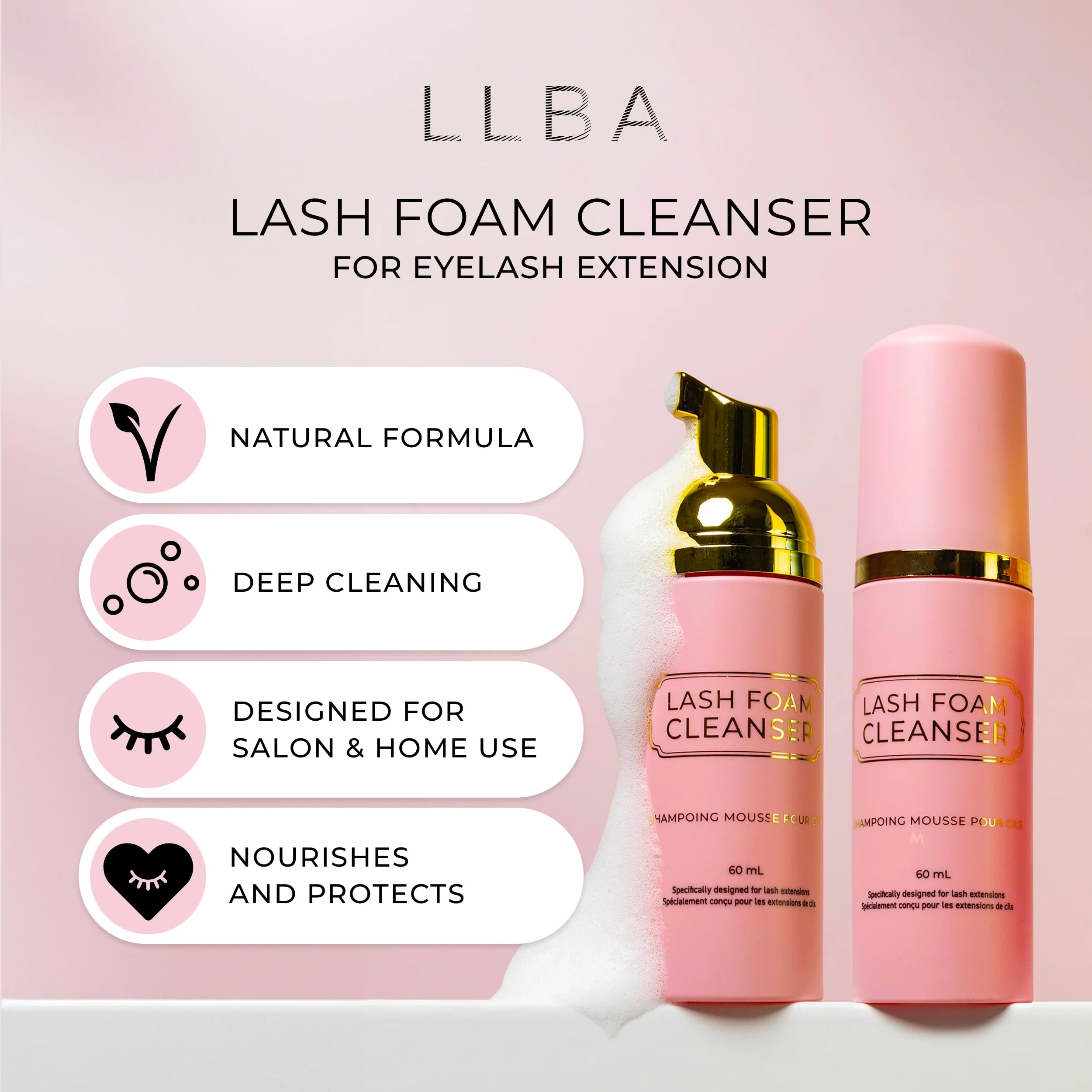 LLBA 60ML Eyelash Extension Cleanser - Gentle Lash Shampoo for Extensions & Sensitive Skin, Waterproof Makeup Remover, Lash Bath Solution for Daily Cleaning & Aftercare - Perfect for Salon & Home Use