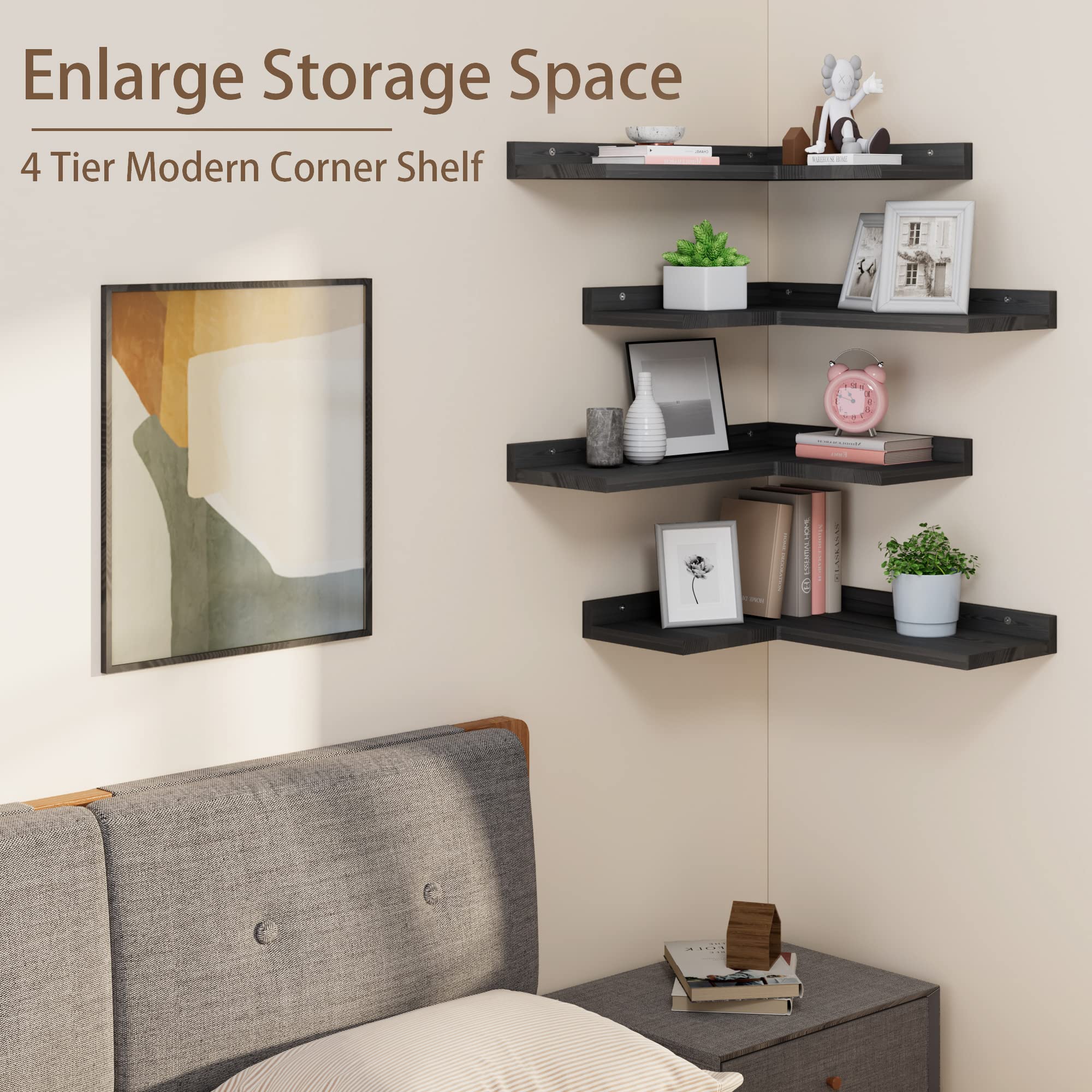 4 Tier Floating Corner Shelves Black Set of 4 - Rustic Pine Wood Wall Mounted L-Shaped Shelves for Home Decor & Storage - Perfect for Bedroom, Living Room, Bathroom & Kitchen Organization