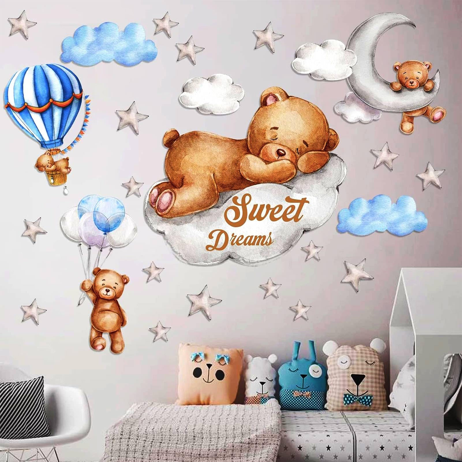 Tedy Bear Moon & Stars Wall Decals - Adhesive Nursery Wall Stickers for Baby Room Decor | Perfect for Kids Bedroom, Playroom & Nursery Wall Art
