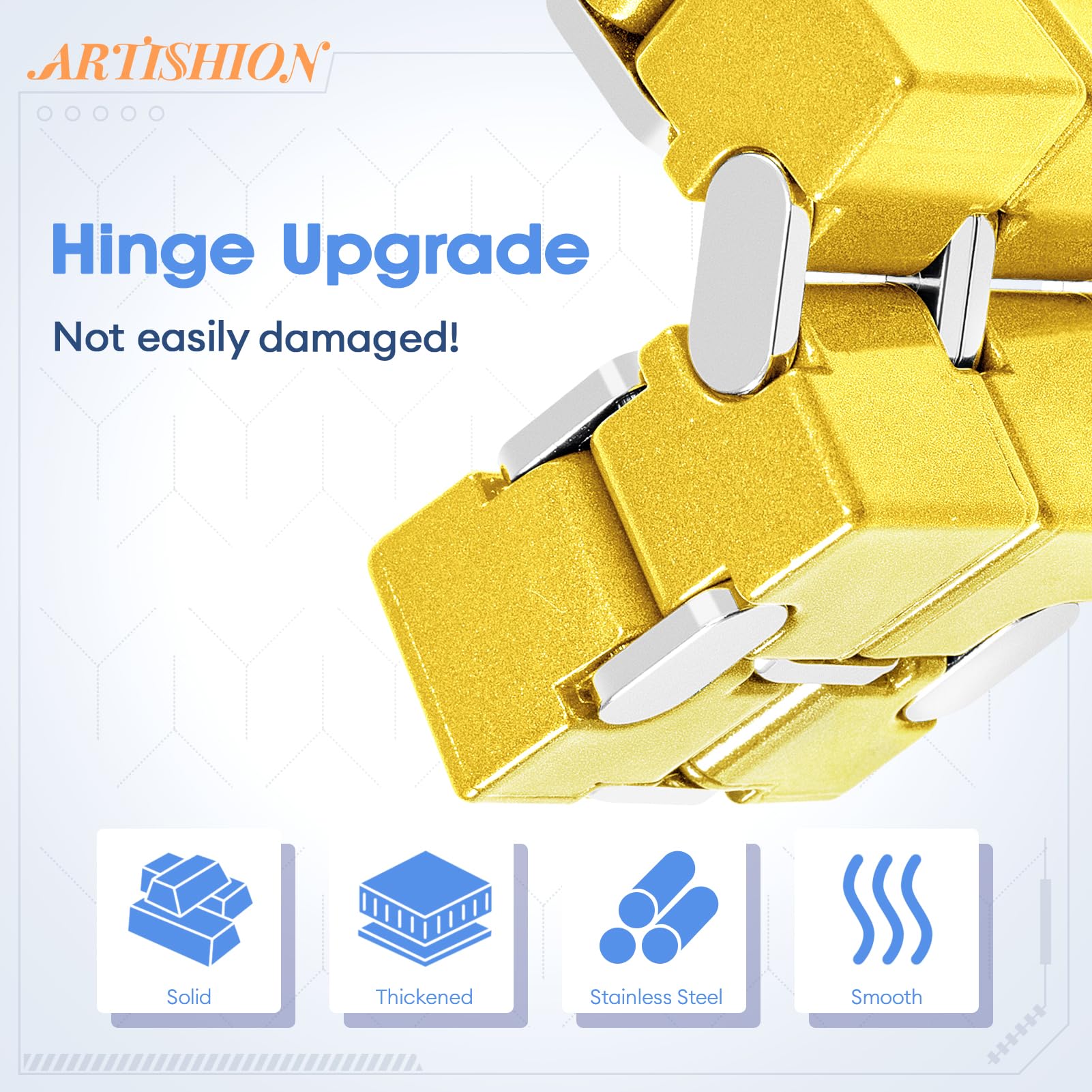 Metal Infinity Cube Fidget Toy - Punk Style Zinc Alloy Stress Relief Desk Gadget for Adults with Durable Case | Anxiety Relief, Office Focus Tool & Cool Gift for Gamers (Yellow)