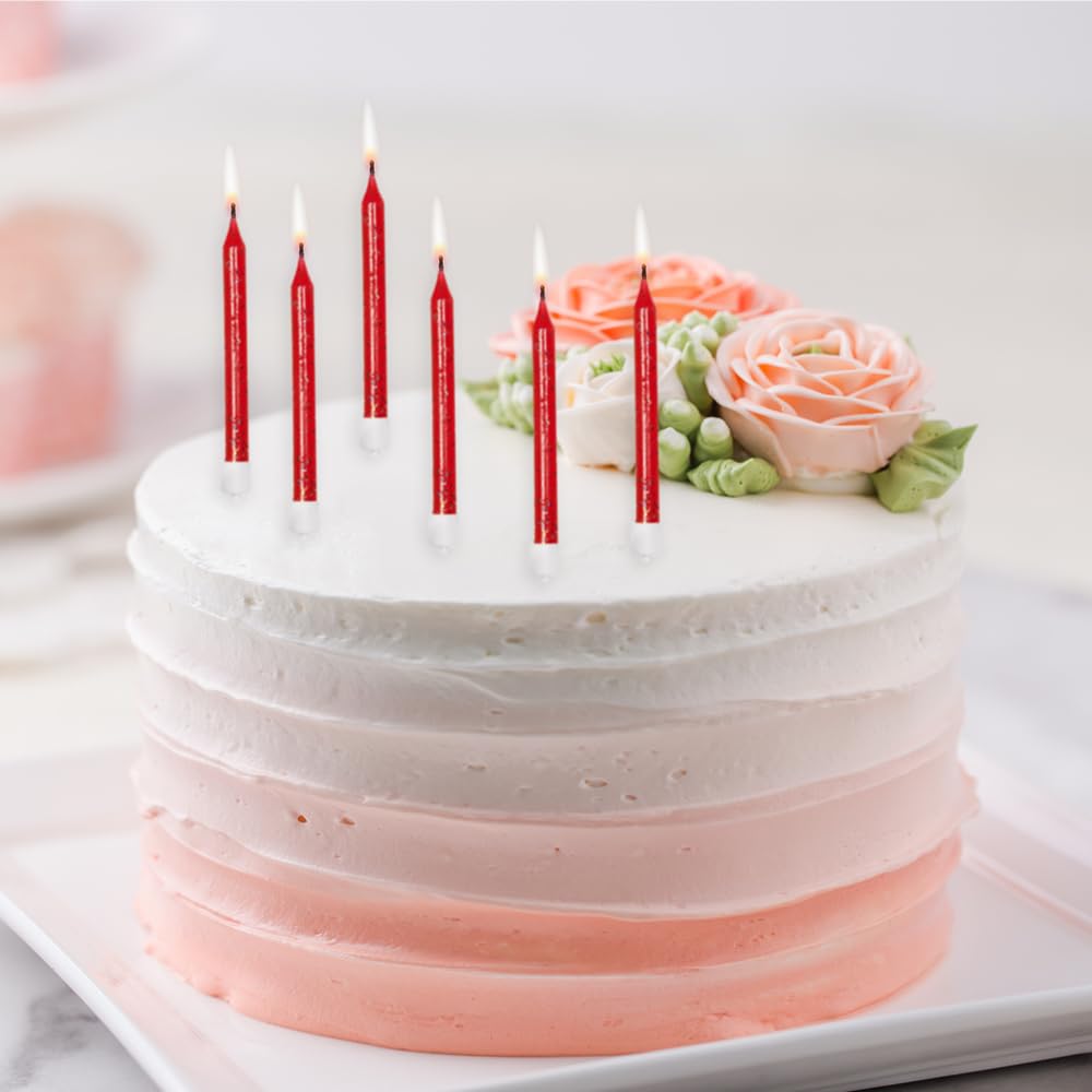 12 Pack Red Glitter Birthday Candles with Holders - 7.5cm Tall Cake Decorations for Birthday Parties, Weddings & Special Celebrations - AHC152