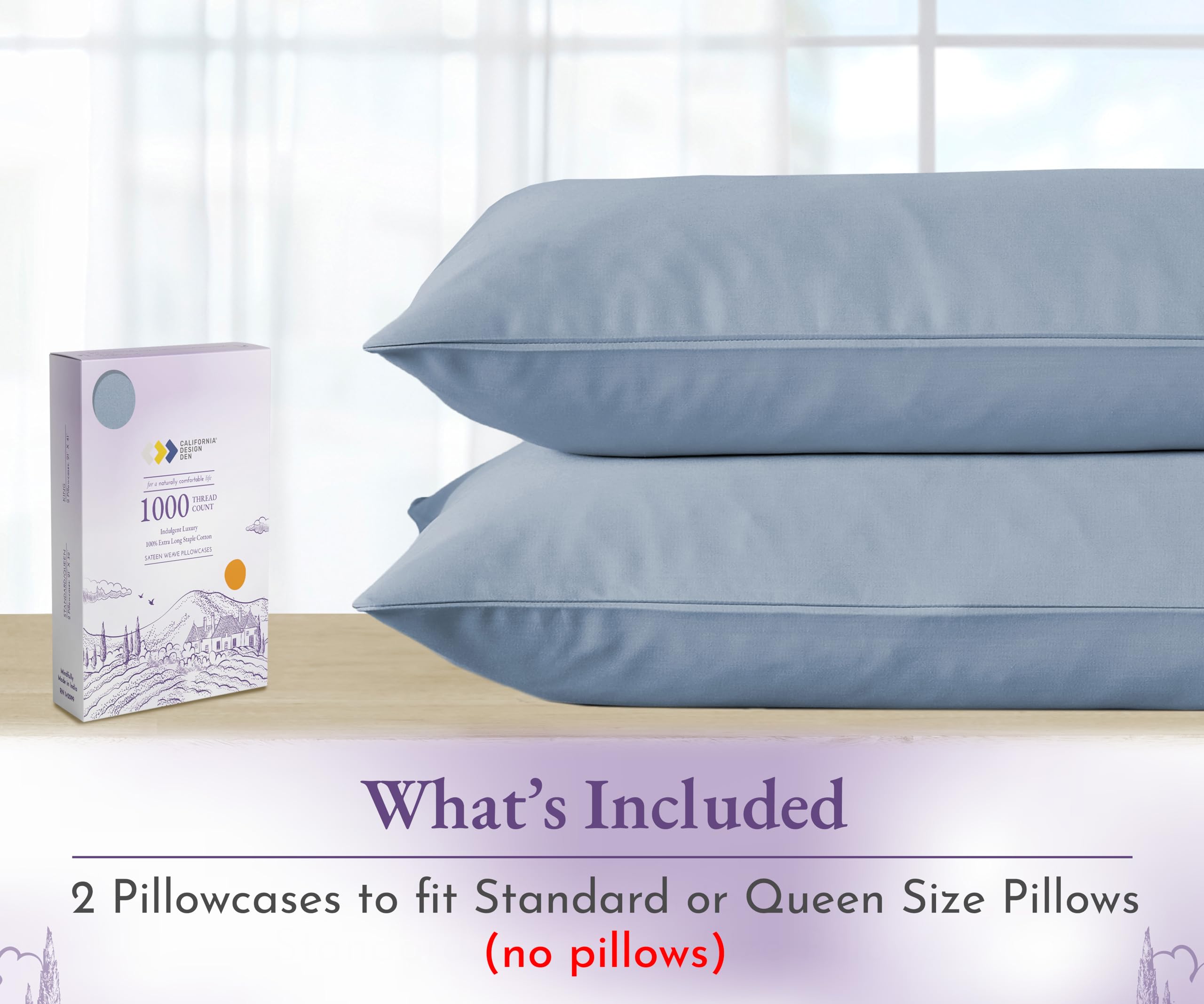California Design Den 100% Cotton Sateen Weave Pillowcases - 1000 Thread Count, Ultra Soft & Smooth, Hotel Quality - Set of 2 Classic Blue Standard Size (Fits Standard & Queen Pillows) - Perfect for Bedroom Decor, Guest Rooms & Luxury Home Styling