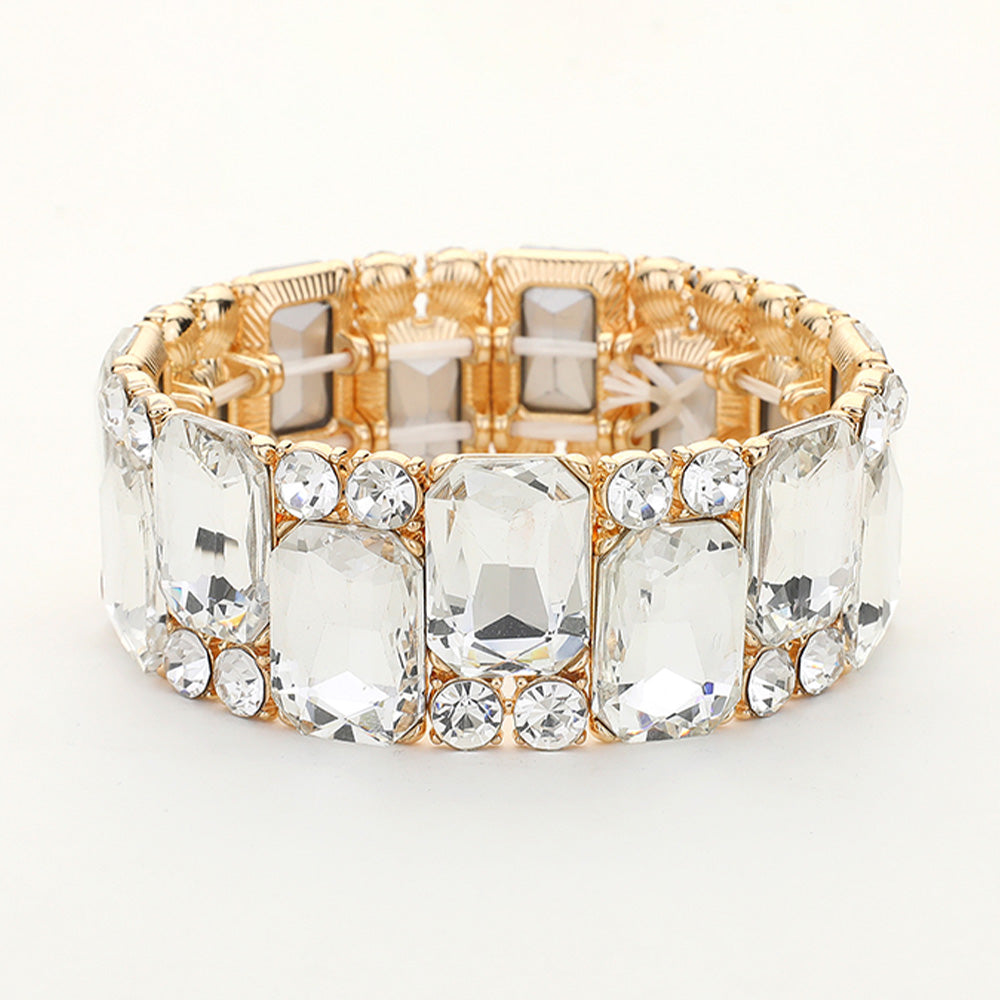 Elegant Clear Crystal Square & Round Stone Cluster Stretch Pageant Bracelet in Gold | Evening Party Jewelry for Women | Perfect for Prom, Wedding, and Formal Events