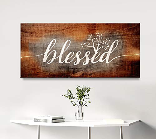 Christian Wall Art - Blessed Sign & Thankful Quotes Religious Home Decor - 60x27 Inch Brown Wooden Plaque for Living Room, Bedroom & Church
