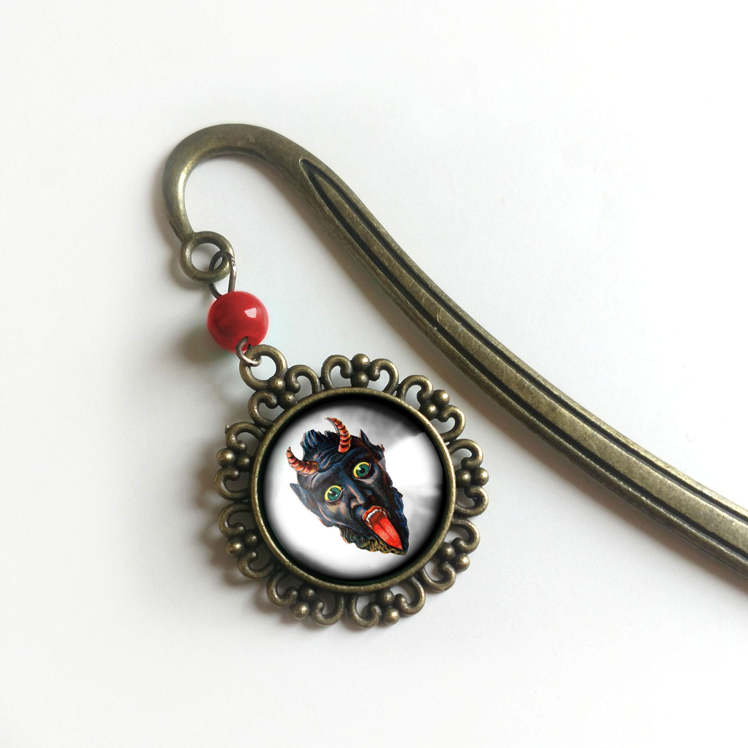 Victorian Krampus Face Gothic Christmas Brass Bookmark with Reverse Decoupage Glass Cabochon - Perfect for Dark Holiday Gifts, Book Lovers & Gothic Decor