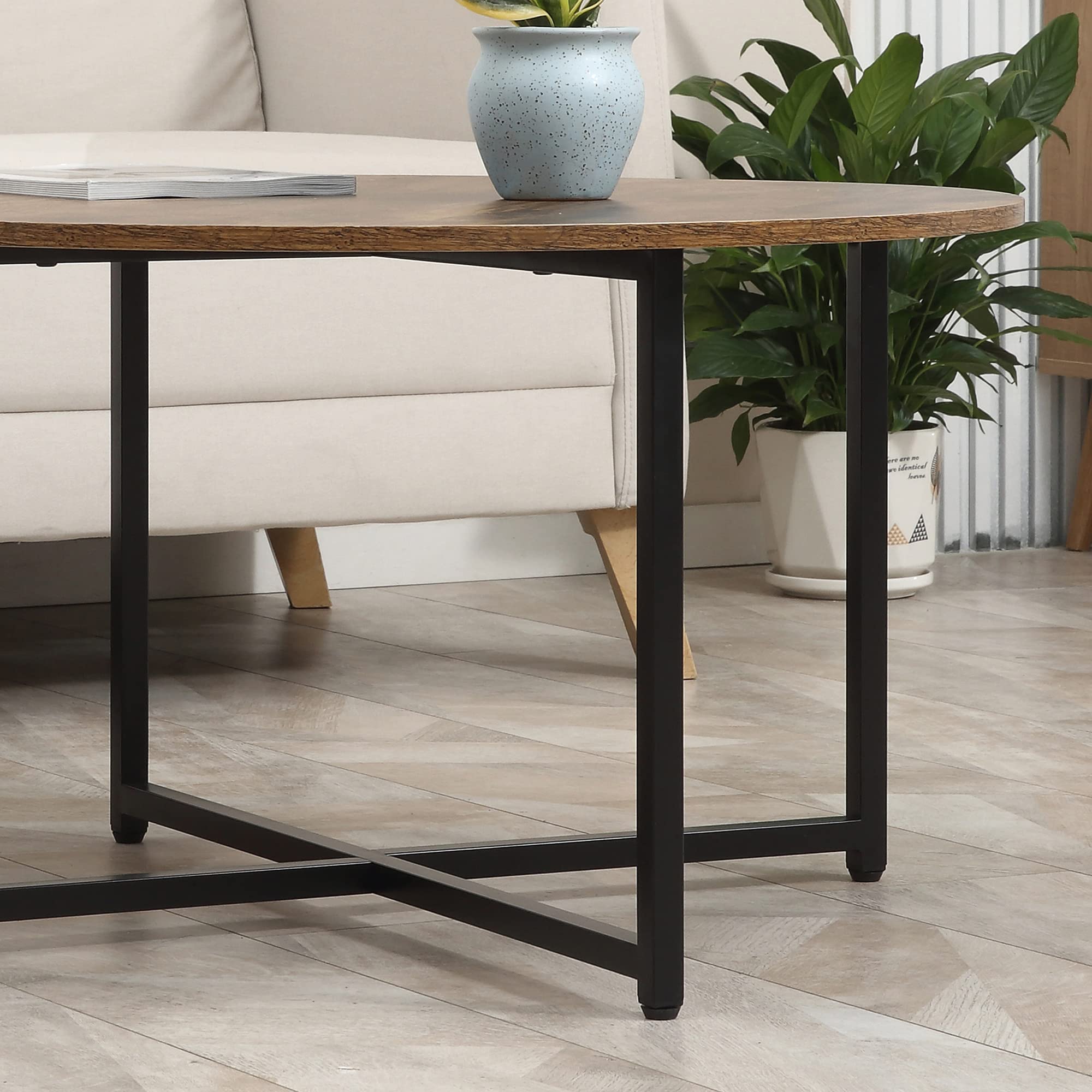 HOMCOM 2-Piece Round Coffee Table Set with Metal Frame - Industrial Style Living Room Tables, Rustic Brown Circle Coffee Tables for Home Decor & Small Space Furniture