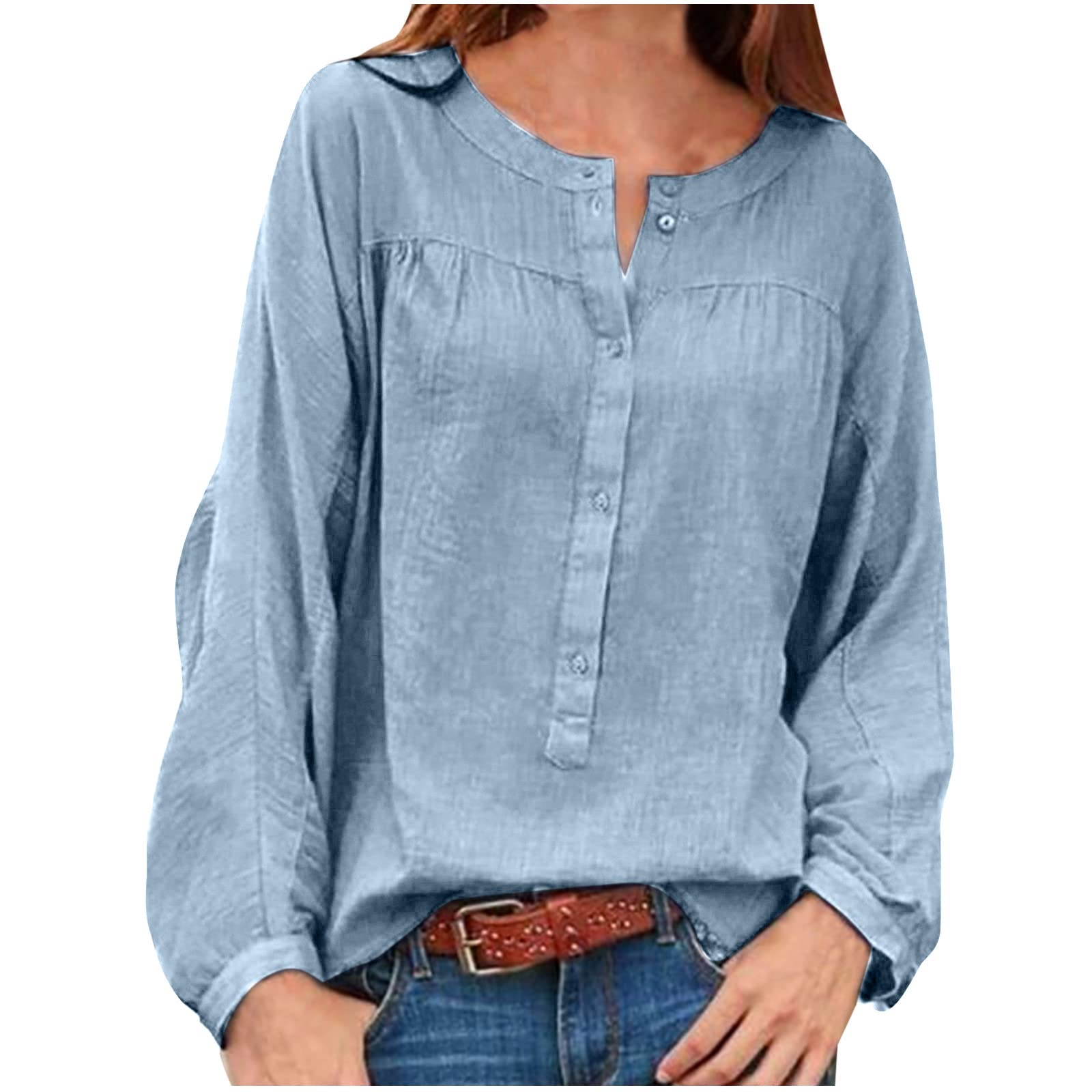 Women's Casual Vintage Henley Tunic Top - Loose Batwing Long Sleeve Quarter Button Up Peasant Blouse for Everyday Wear & Boho Outfits