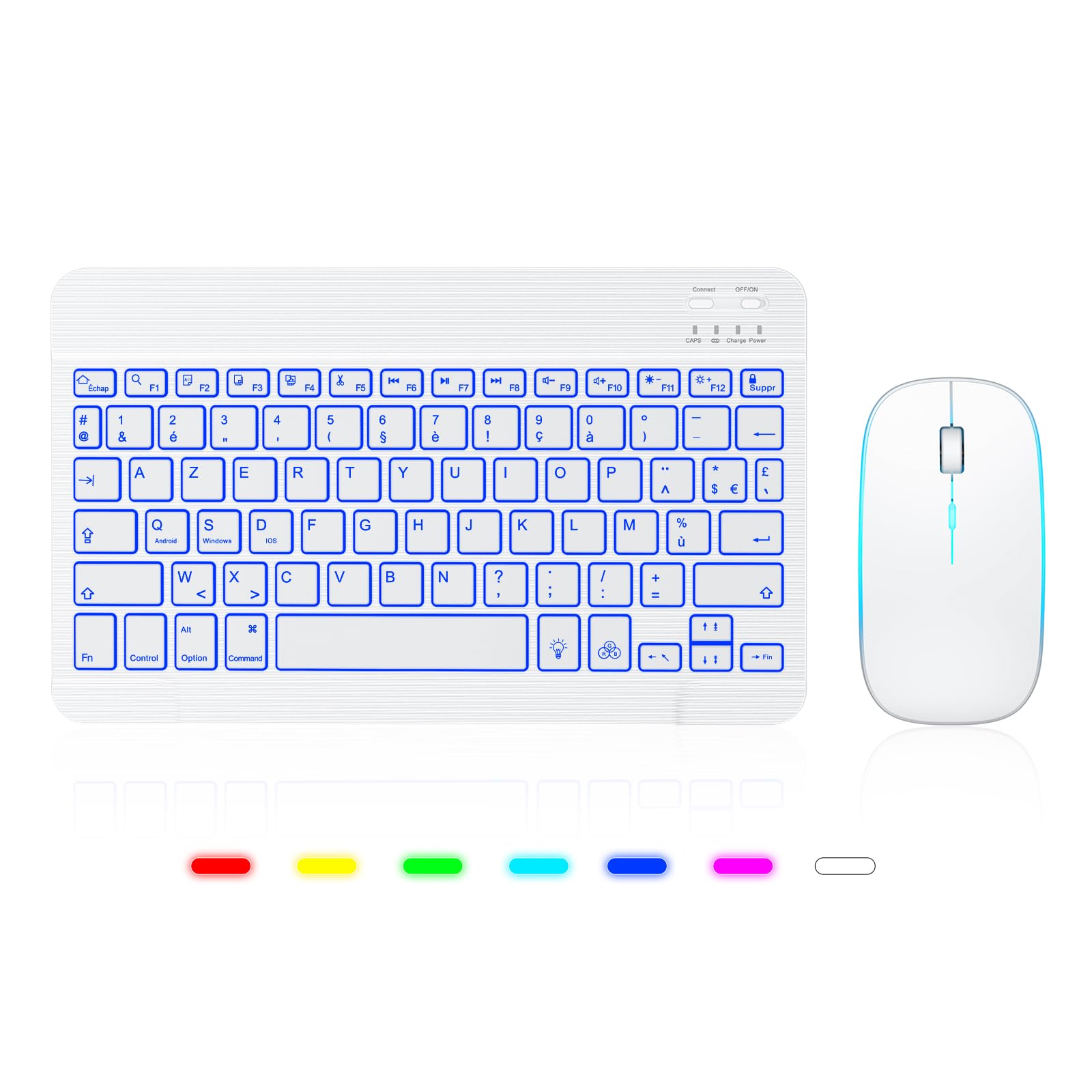 TECURS Wireless Bluetooth Keyboard and Mouse Combo for iPad iPhone - Silent Backlit Rechargeable Portable AZERTY iOS Keyboard with Ergonomic Design - Perfect for Home Office, Remote Work & Travel (White)