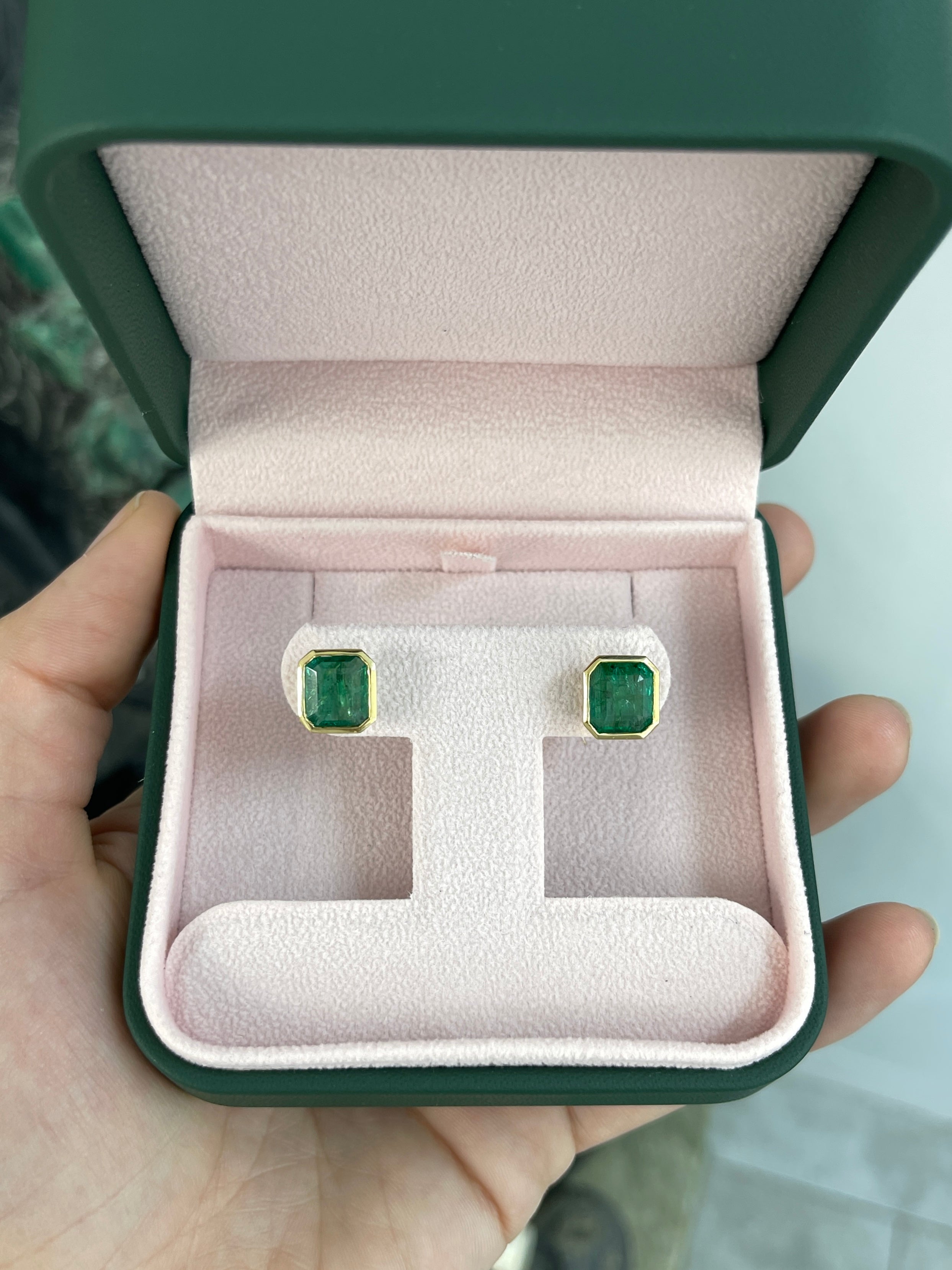 5.60tcw Classic Asscher Cut Emerald Bezel Stud Earrings in 18K Gold - Elegant Jewelry for Weddings, Parties & Special Occasions