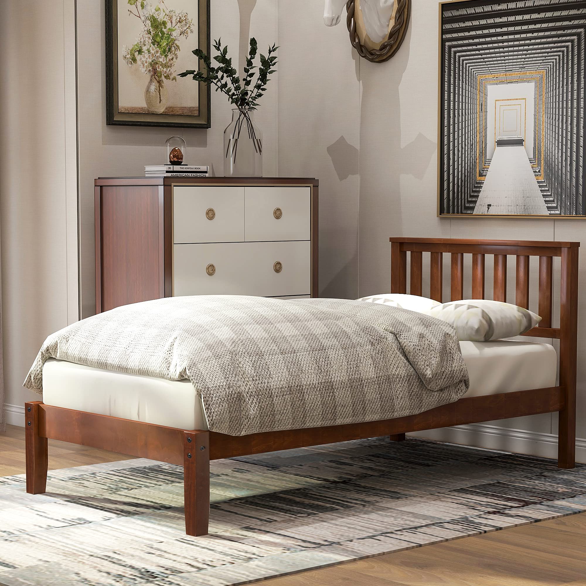 Solid Wood Twin Bed Frame with Headboard & Wooden Slats - Sturdy Platform Bed for Kids Bedroom, Guest Room or Dorm - Natural Walnut Finish - Perfect for Small Spaces & Sleepovers
