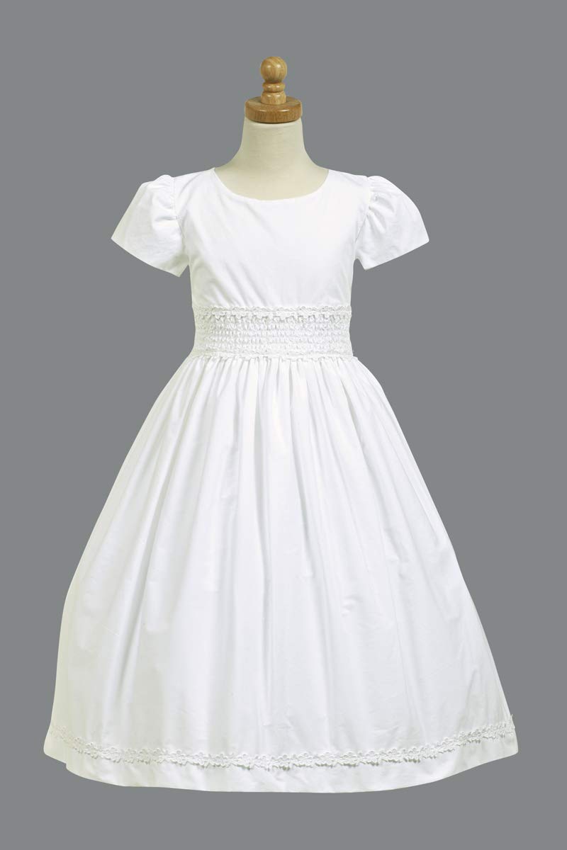 Lito Girls Communion Dress Size 12 - White Cotton Smocked Short Sleeve Church Dress for First Holy Communion & Special Occasions