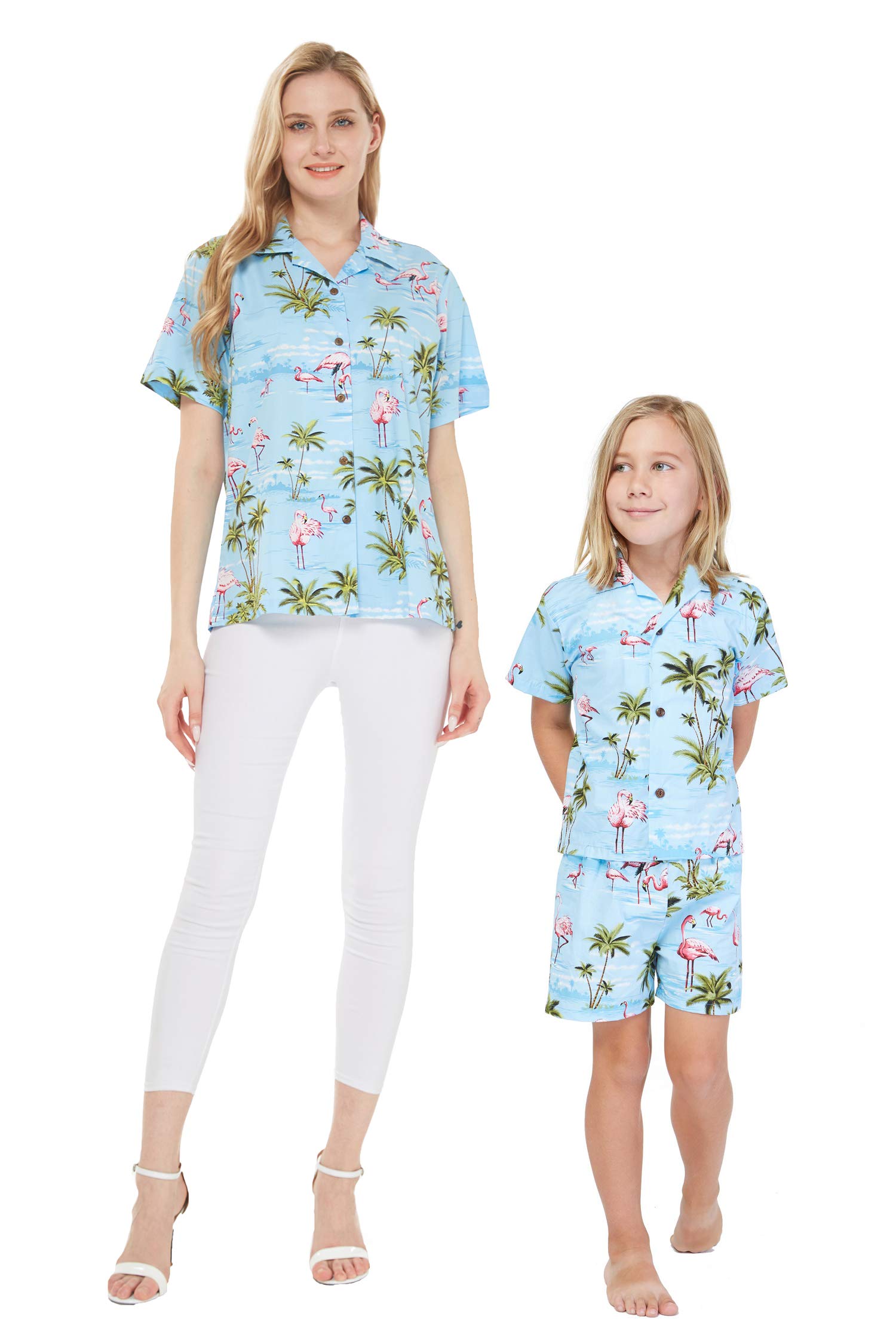 **Hawaiian Matching Mother & Son Shirts - Pink Flamingo Print Cabana Set in Turquoise | Beach Vacation, Family Photo Outfits, Tropical Party Wear**