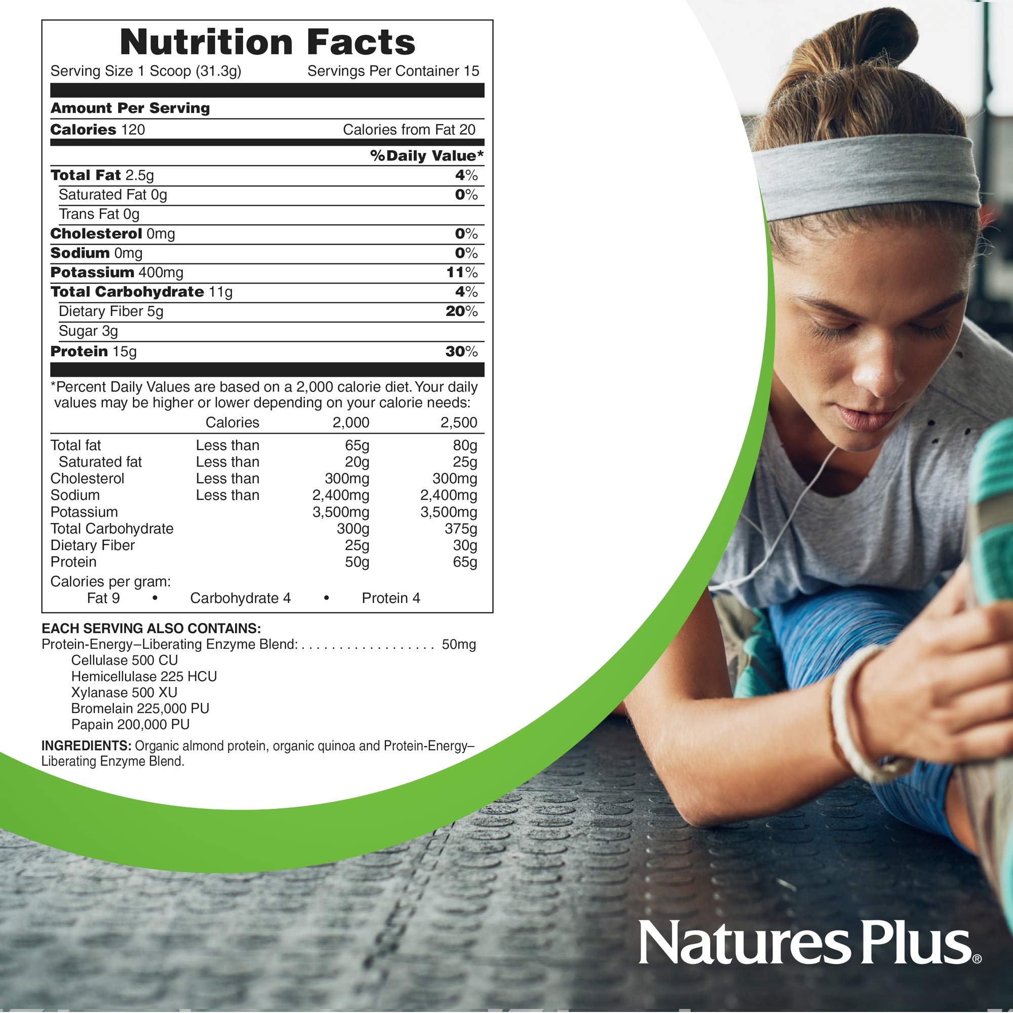 Organic Almond Protein Powder by Natures Plus - 1.04 lbs Unflavored, USDA Certified, Non-GMO, Vegan, No Added Sugar - Supports Muscle Recovery, Vegetarian & Gluten-Free (15 Servings) - Perfect for Post-Workout Shakes, Smoothies & Baking