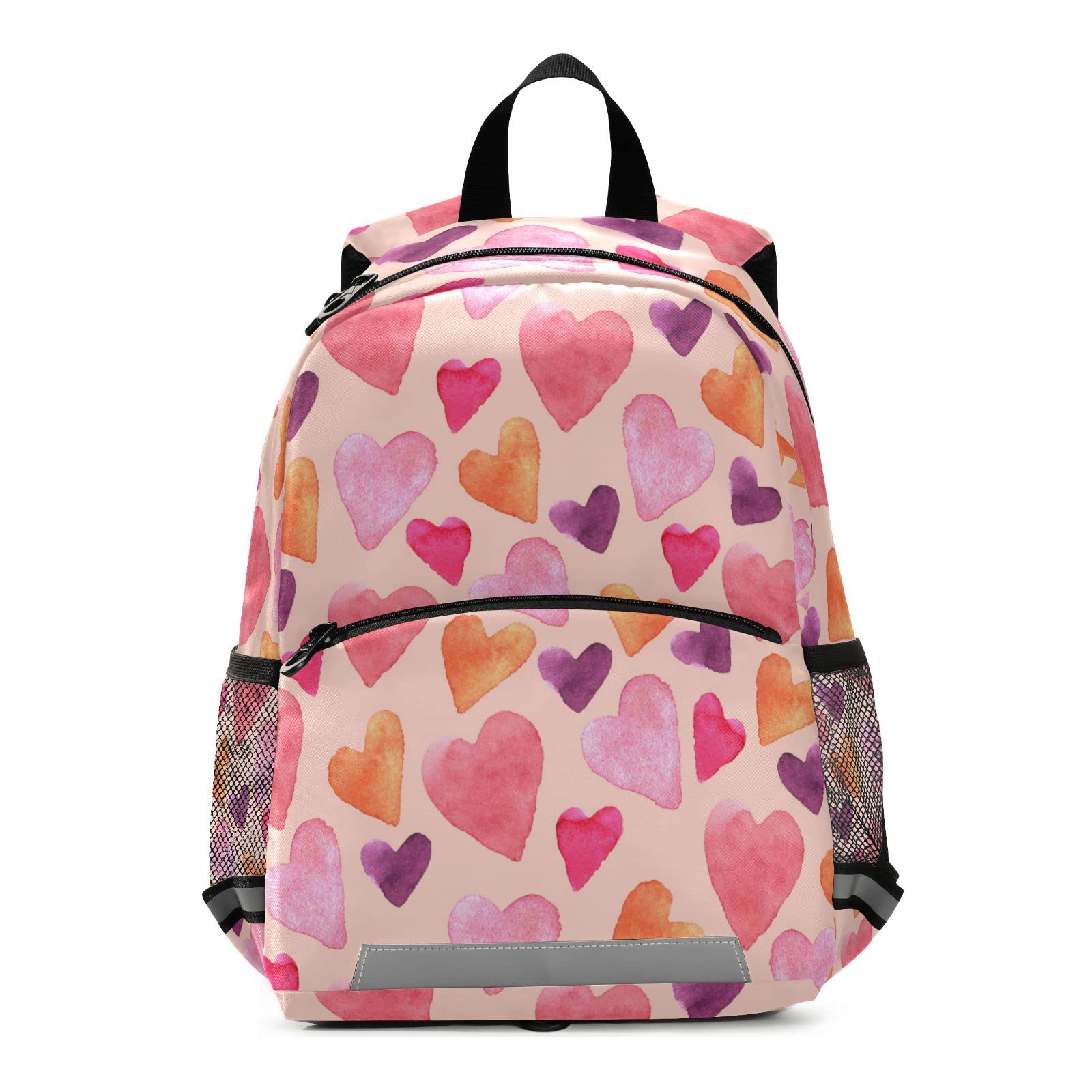 Valentine's Day Watercolor Hearts Kids Backpack for Boys & Girls - Lightweight Kindergarten Elementary School Backpack with Adjustable Chest Strap & Reflective Safety Stripes - Perfect for Preschool, Daycare & Outdoor Adventures