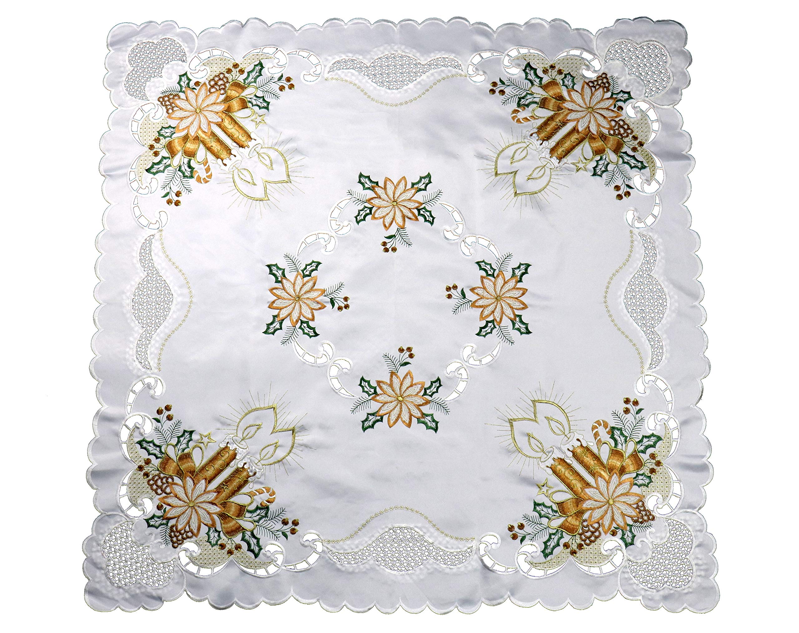 Vintage Embroidered Tablecloth 54 Inch Square - Elegant Marina Decor for Kitchen & Dining Room - Christmas Gold Candles with White Base - Perfect for Holiday Dinners & Special Occasions