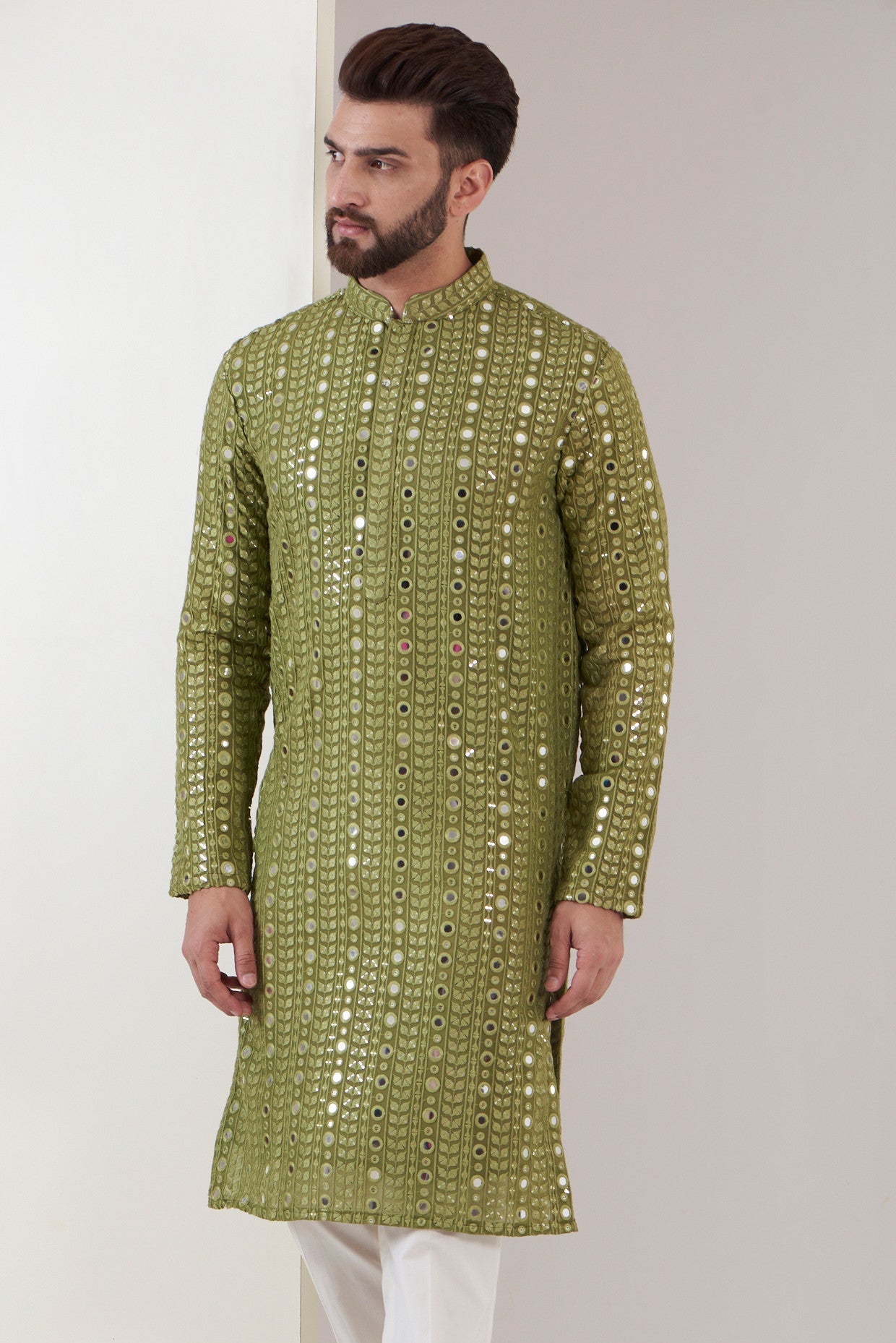 Stylish Mehandi Green Mirror Work Kurta for Women - Traditional Indian Embroidered Tunic Top for Festivals & Parties