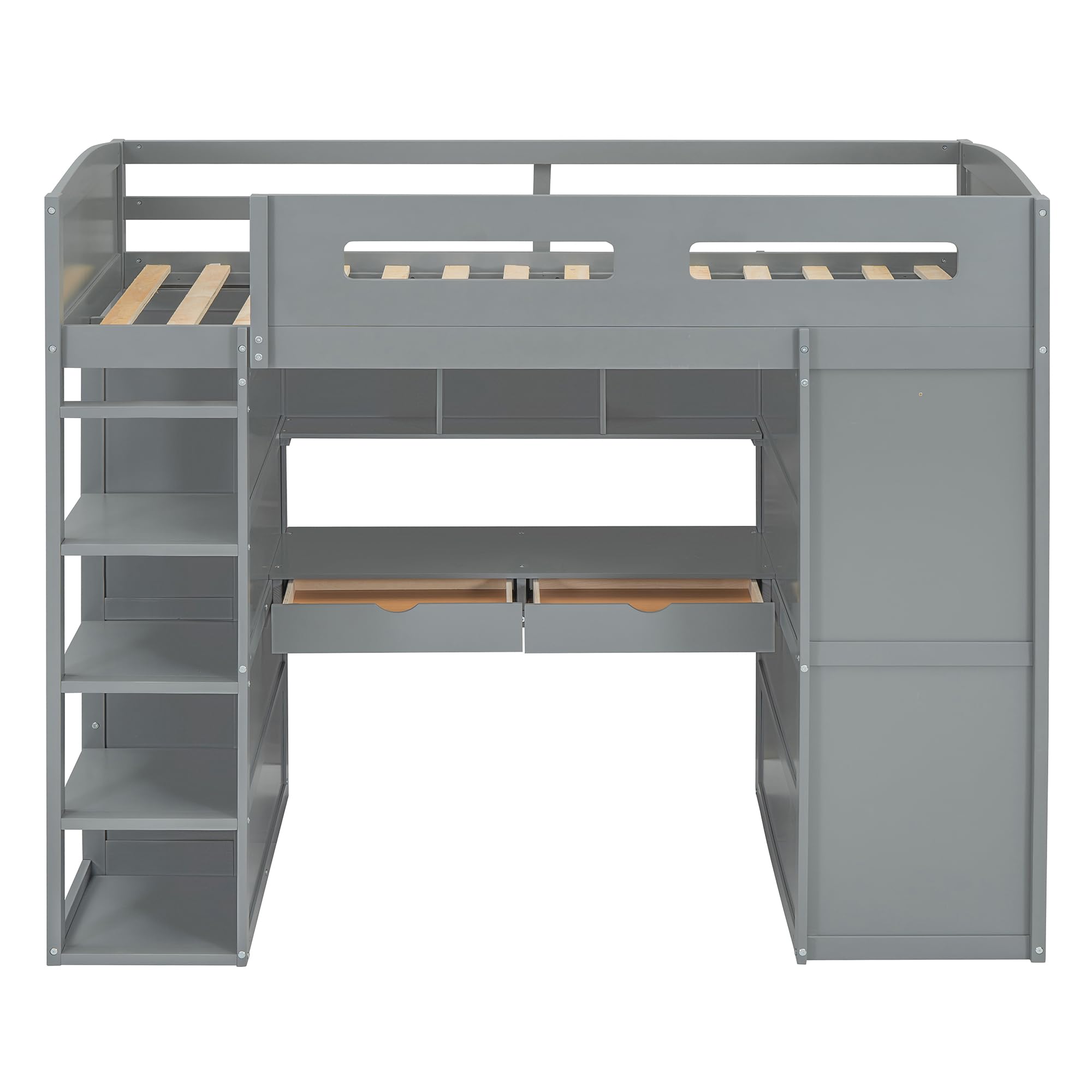 Twin Loft Bed with Desk & Wardrobe - Wooden Kids Bed with Storage for Small Spaces