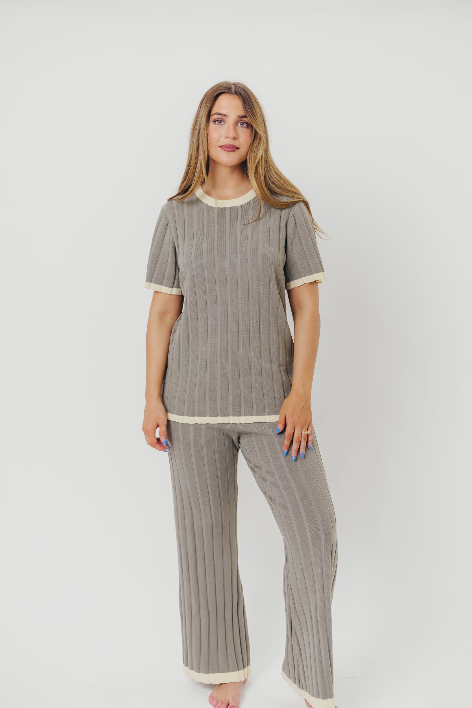 Adele Ribbed Knit Top and Pants Set in Dusty Olive | Women's Casual Outfit for Fall & Winter | Perfect for Work, Travel, and Everyday Wear