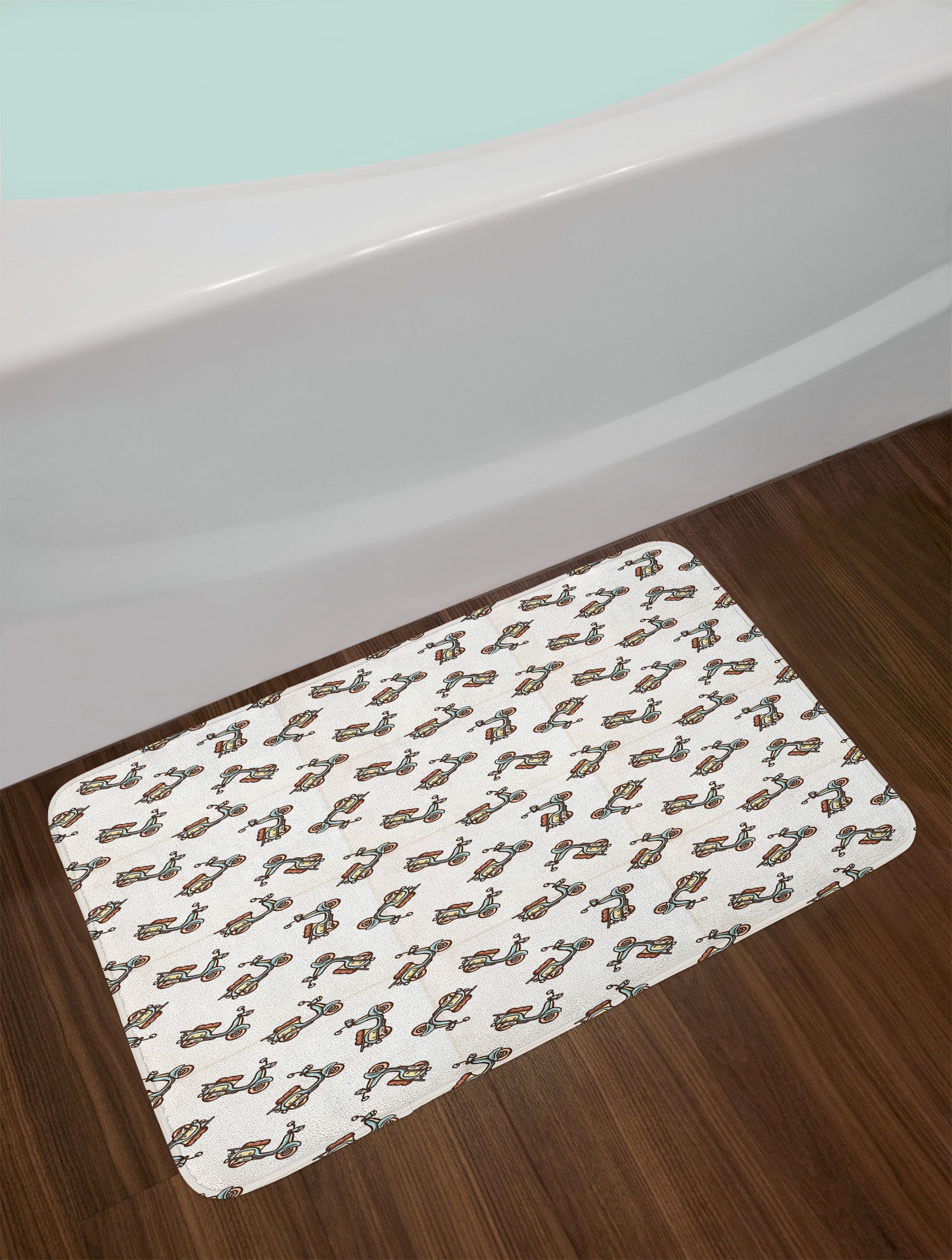 Ambesonne Non-Slip Motorcycle Bath Mat - Retro Hand Drawn Scooter Design, Plush Bathroom Rug with Anti-Skid Backing, 30.2