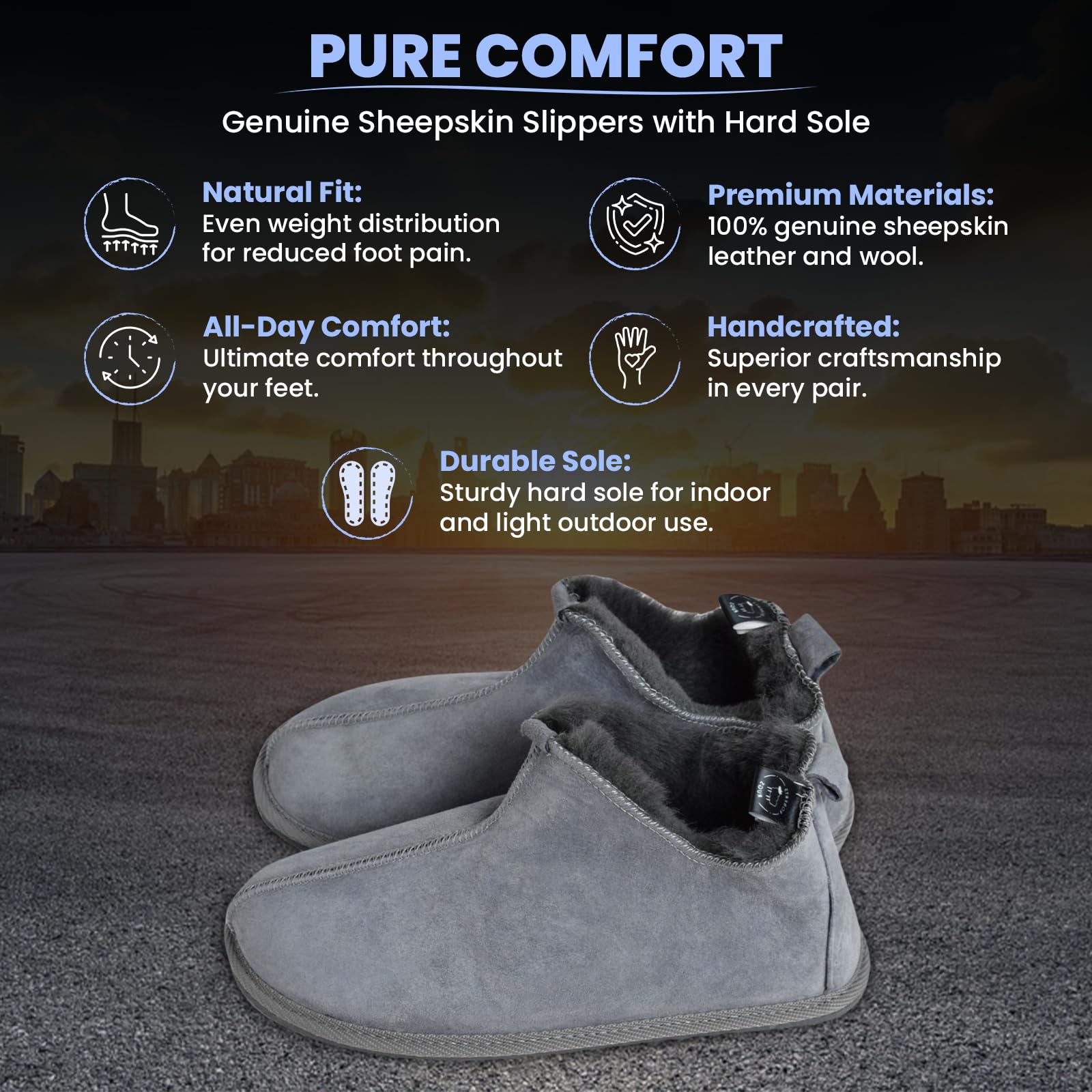 Premium Unisex Sheepskin Slippers for Men & Women - Hard Sole Winter House Shoes - Genuine Wool Indoor/Outdoor Slippers - Warm Handmade Grey Footwear for Home, Office & Travel Comfort