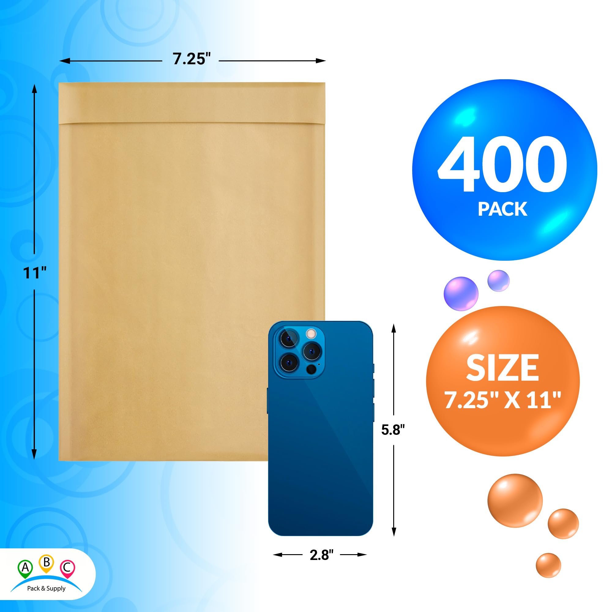 ABC 7.25x11 Inch Brown Kraft Bubble Mailer Envelopes - 400 Pack Self-Seal Padded Mailing Envelopes | Water-Resistant & Opaque Kraft Mailers for Jewelry, Cosmetics, Small Business Shipping & Ecommerce Packaging