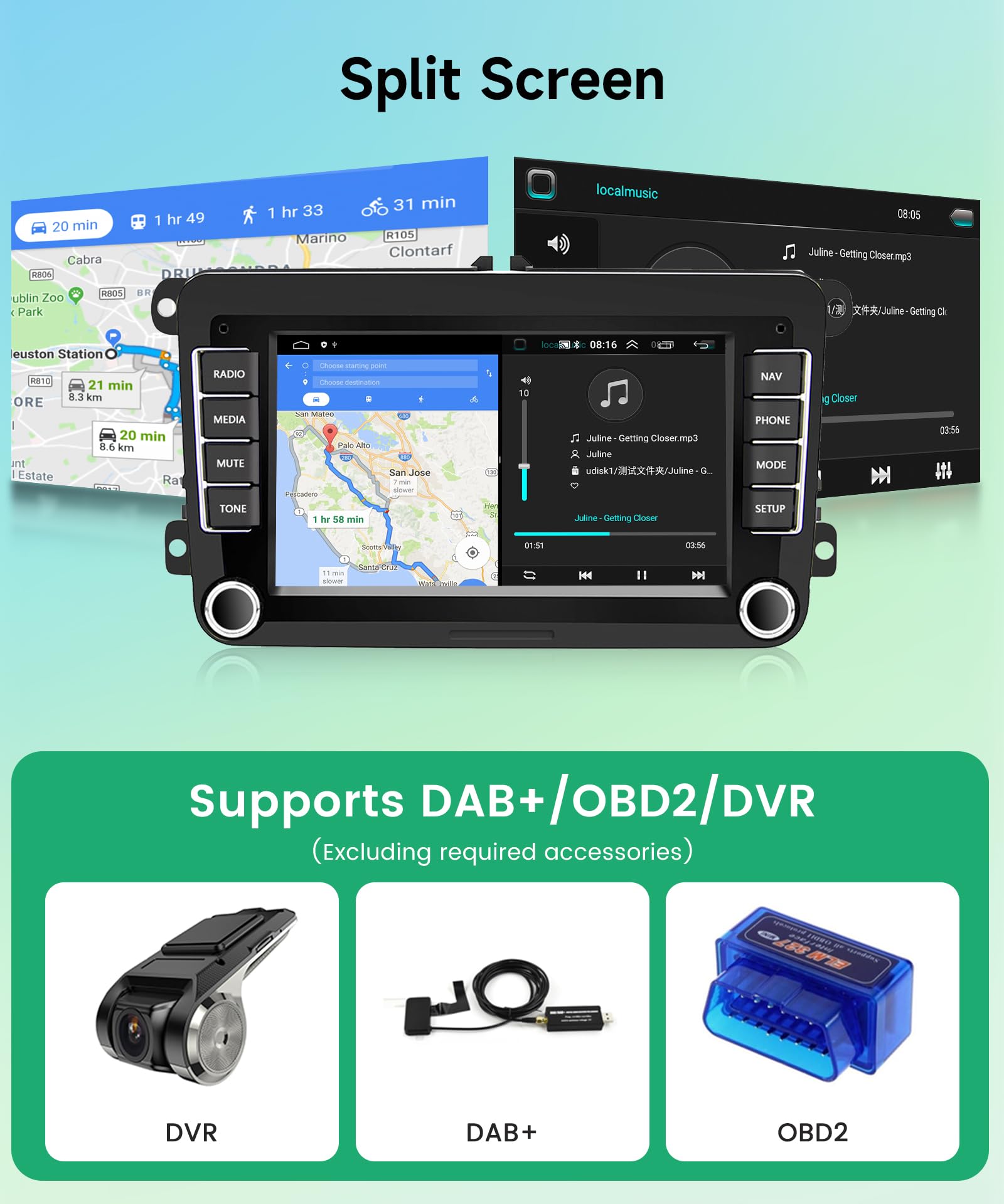7 Inch Android Car Stereo for VW Polo Golf 5 Caddy T5 Tiguan Skoda Seat | Touchscreen Car Radio with Wireless CarPlay & Android Auto | GPS WiFi Bluetooth FM/RDS | Backup Camera | Perfect for Commuting & Road Trips