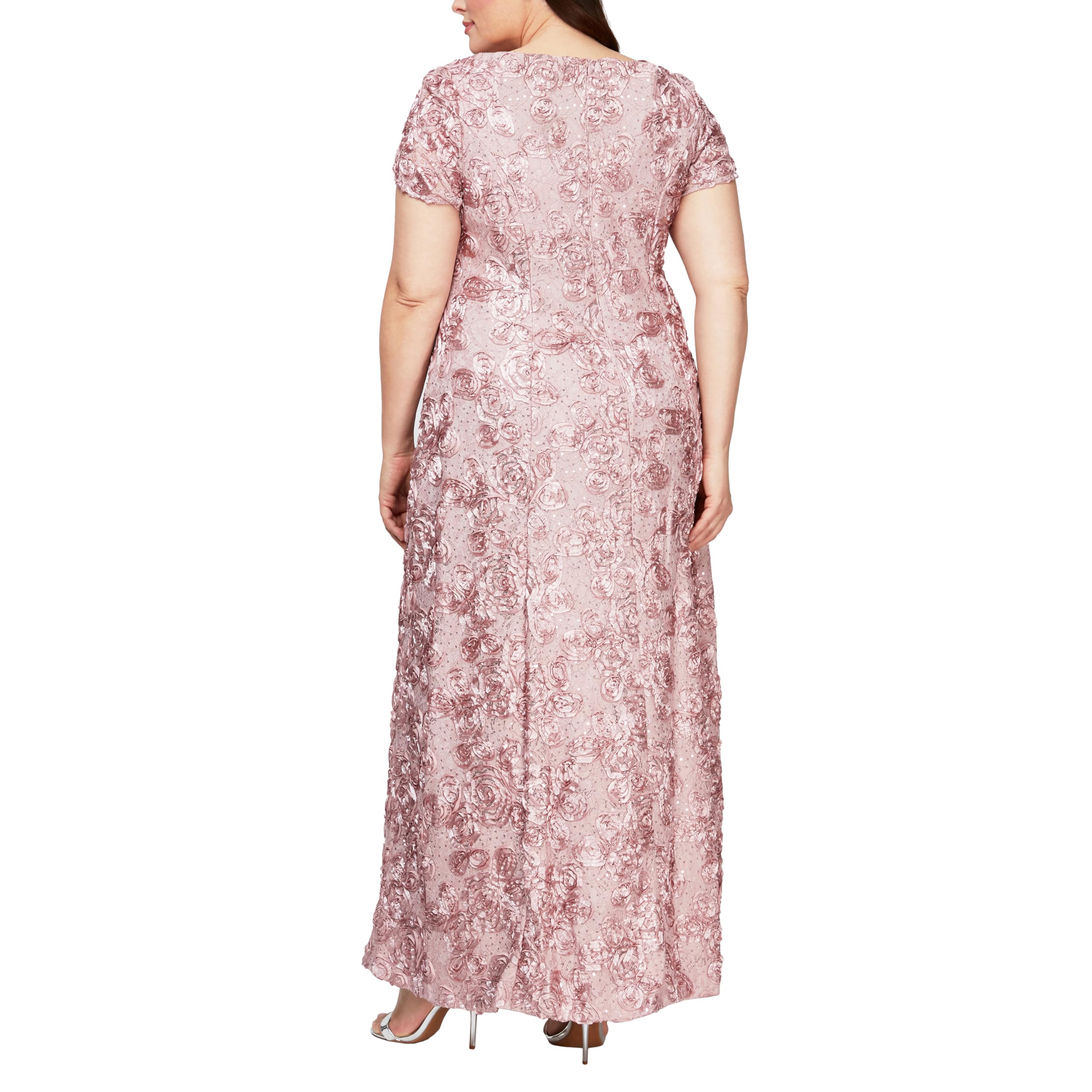 Alex Evenings Women's Plus Size Long Rosette Mother of The Bride Dress with Short Sleeves - Elegant Formal Gown for Weddings, Evening Parties & Special Occasions