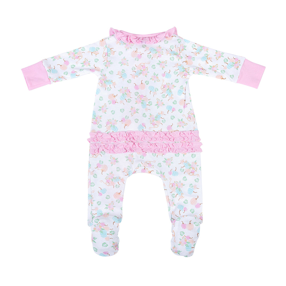 Adorable Pumpkin Blush Print Ruffle Zip Footie Pajamas for Baby Girls | Soft Cotton Sleepwear for Infants & Toddlers | Perfect for Fall Photoshoots, Halloween Costumes & Cozy Bedtime