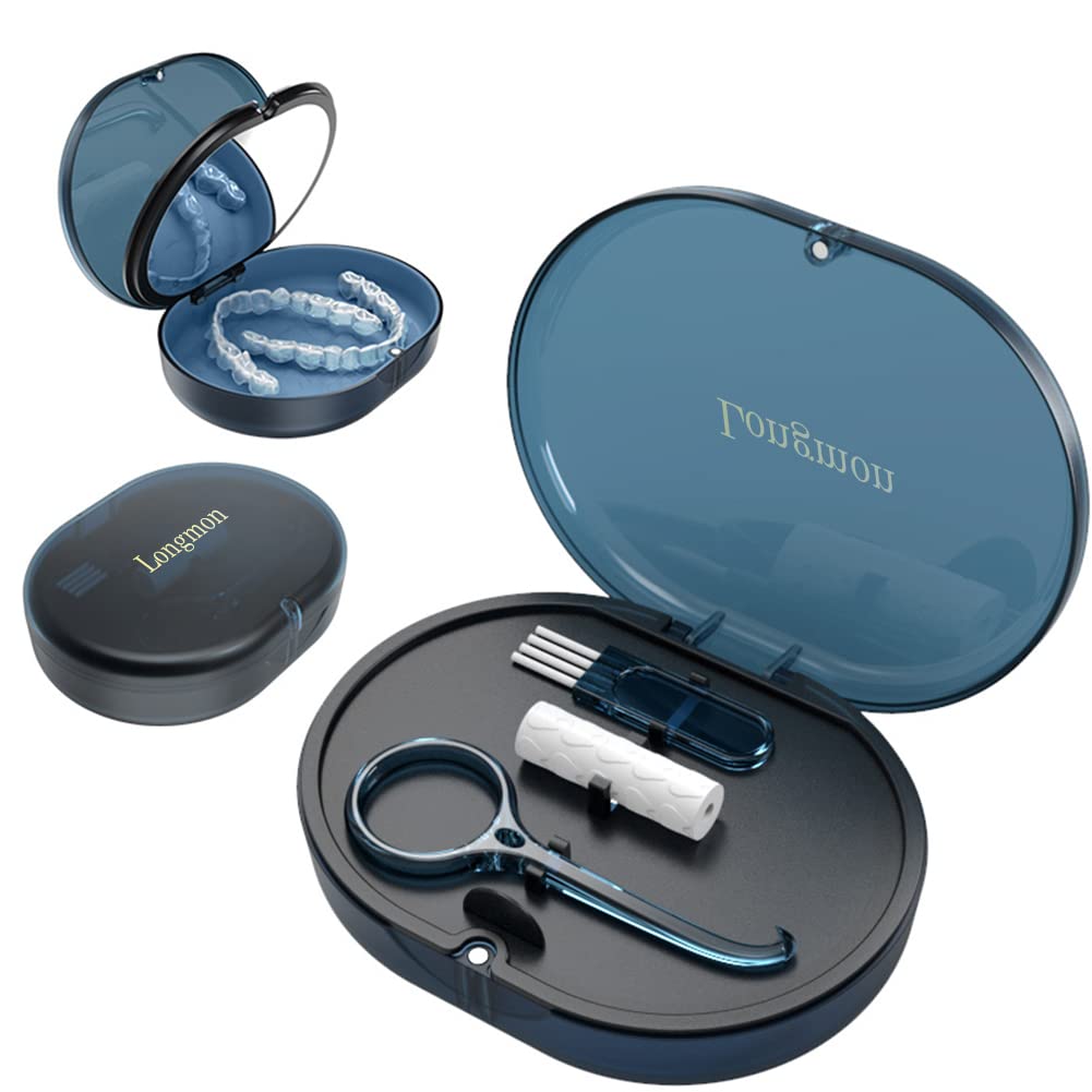 Double-Layer Orthodontic Retainer Case with Belt Chewing, Removal Tool, Cleaning Brush & Built-in Mirror - Perfect for Retainers, Mouth Guards, Dentures - Travel, Gym & Daily Storage Solution