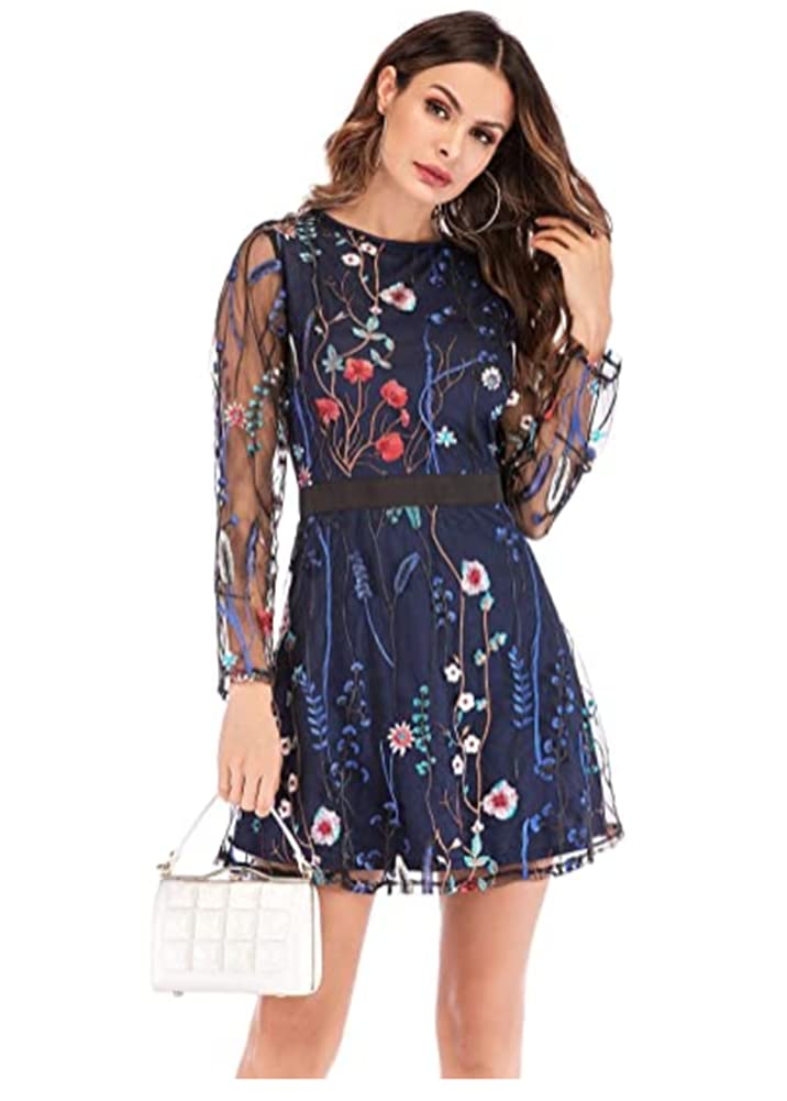Origine Lei Women's Floral Embroidery Mesh Round Neck Party Dress with Sashes - Elegant Short Mini Dress for Cocktail Parties, Weddings & Special Occasions