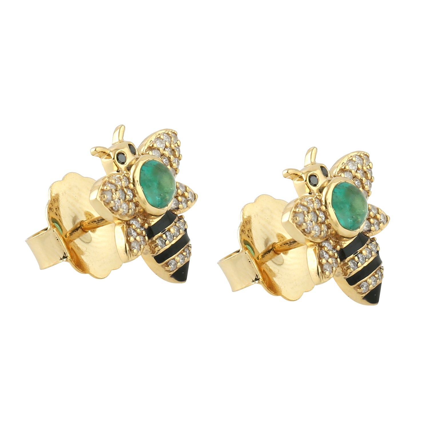 Emerald Pave Diamond Honey Bee Stud Earrings - 14K Yellow Gold Enamel Jewelry for Women - Perfect Gift for Birthday, Anniversary & Mother's Day