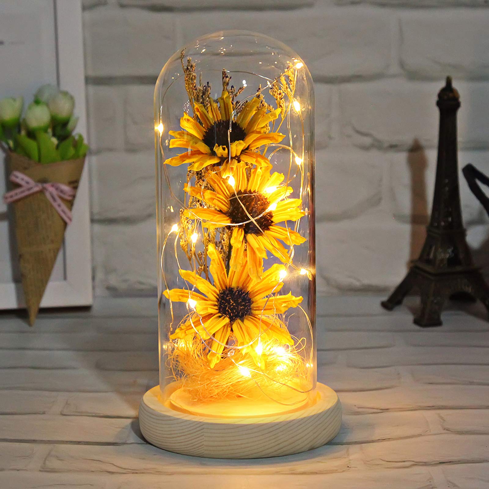 Sunflower Gifts for Women - LED Artificial Sunflowers in Glass Dome, Birthday & Holiday Gift for Mom, Grandma - Mother's Day, Christmas, Valentine's Day Home Decor (Yellow) - Perfect for Living Room, Bedroom, Office Desk & Wedding Centerpieces