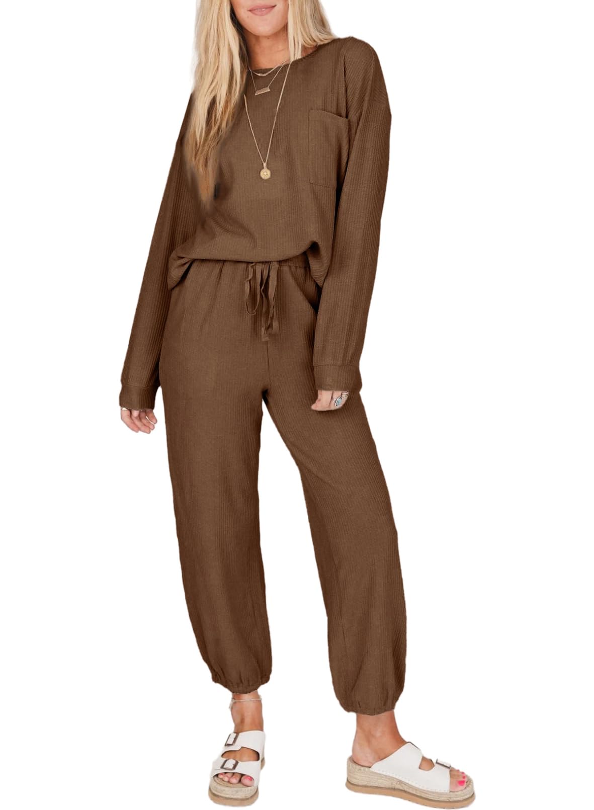 SHEWIN Women's 2 Piece Waffle Knit Lounge Set - Long Sleeve Pullover & Drawstring Jogger Pants Tracksuit | Cozy Casual Outfit for Home, Yoga, Travel & Loungewear